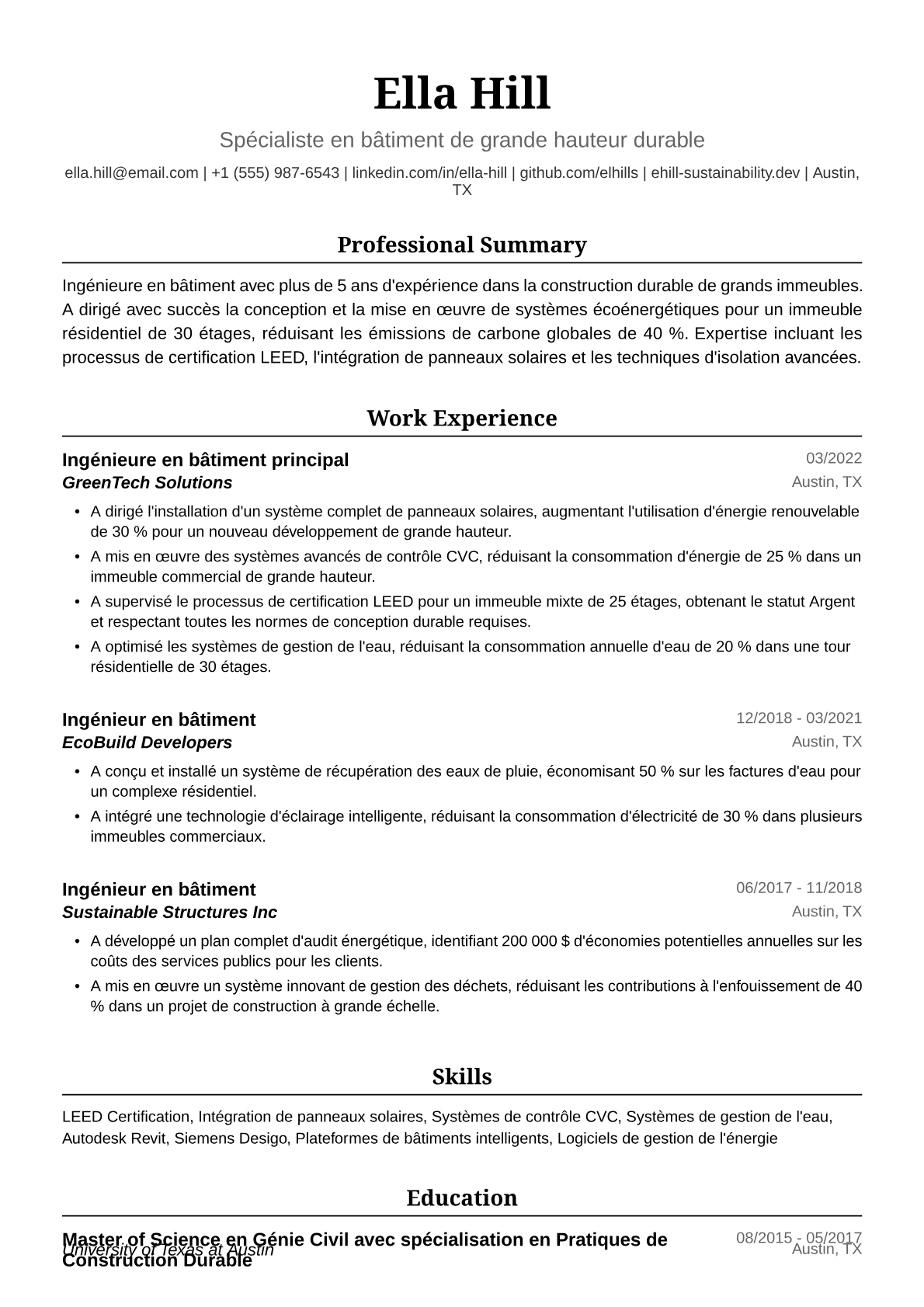 Exemple de CV d'Ingénieure en Bâtiment
