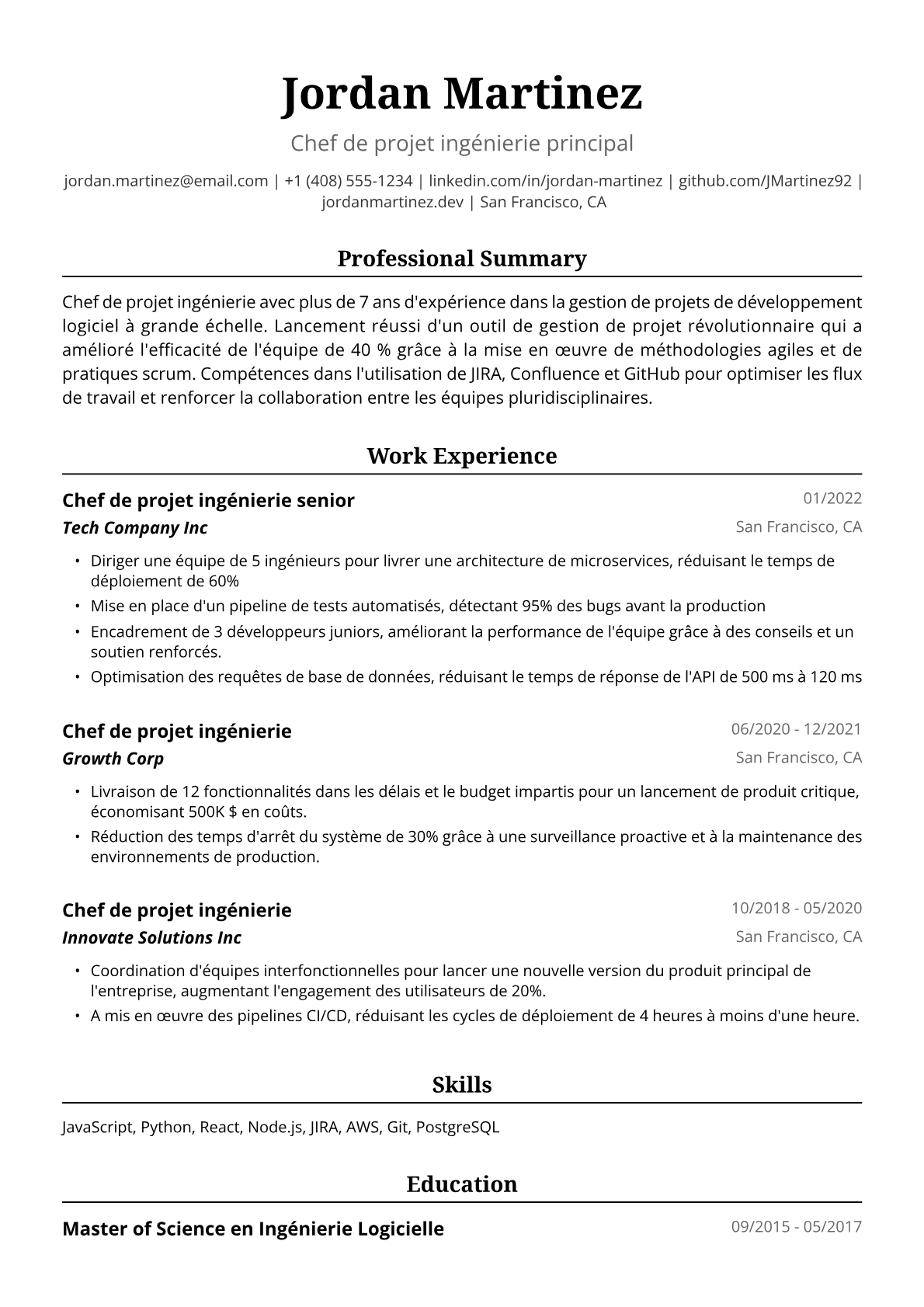 Exemple de CV Chef de Projet Ingénierie