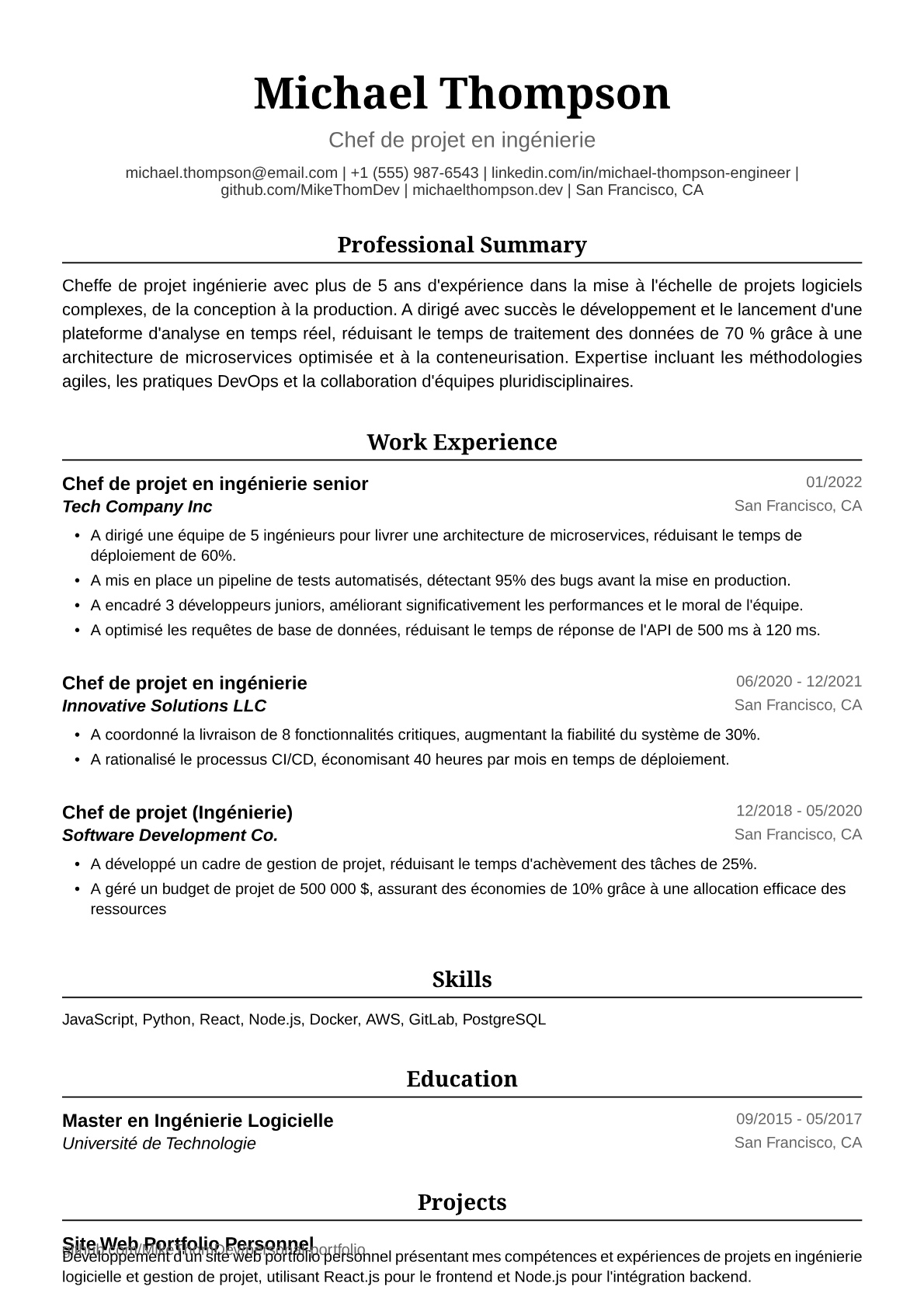 Exemple de CV Cheffe de projet ingénierie