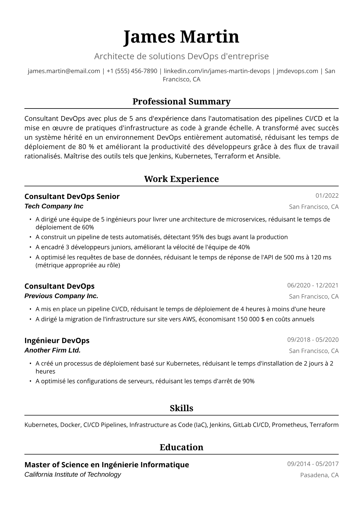 Exemple de CV de Consultant DevOps