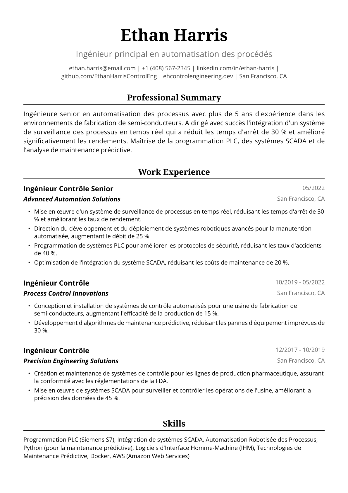 Exemple de CV d'Ingénieure en Contrôle