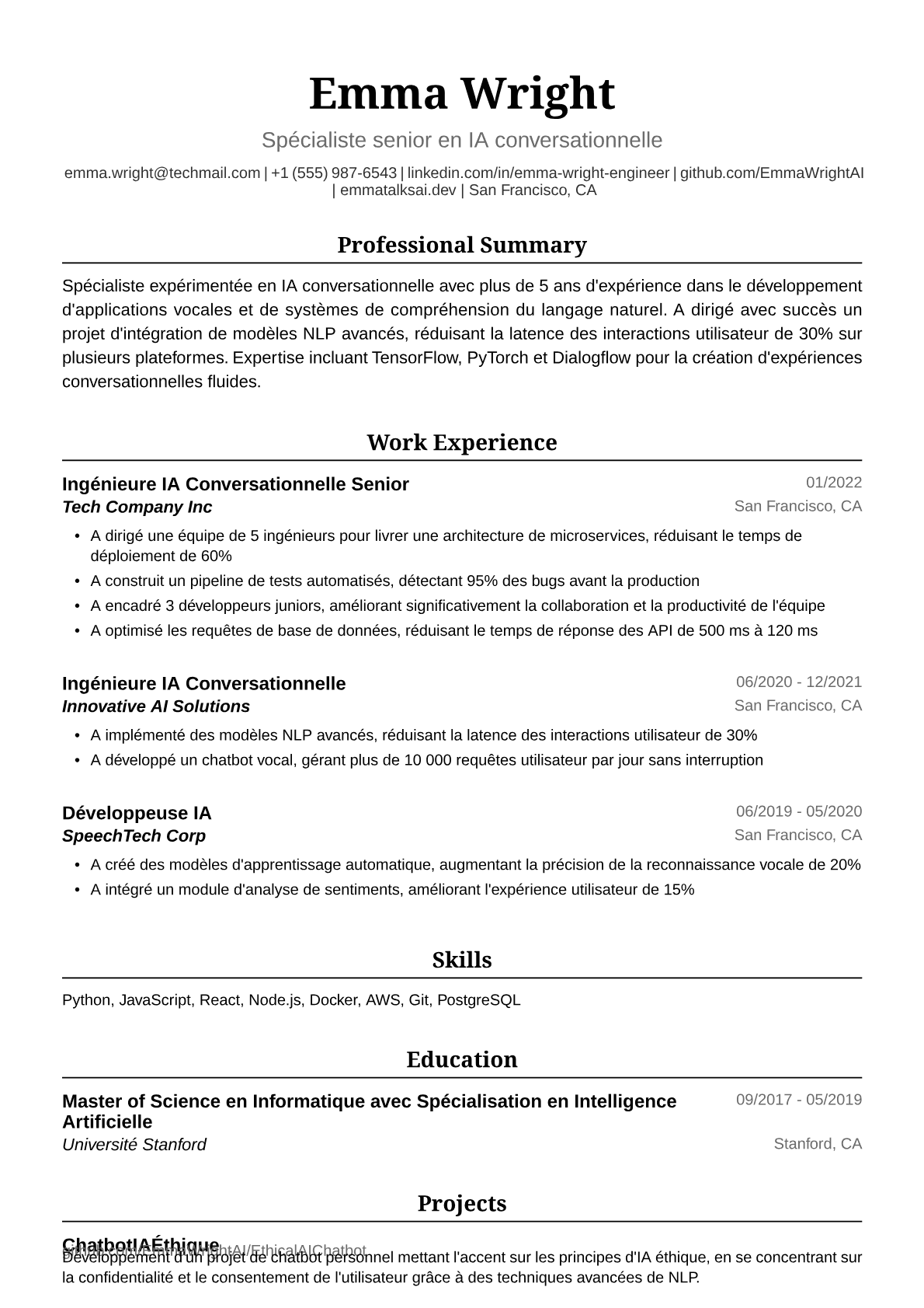 Exemple de CV d'Ingénieure en IA Conversationnelle