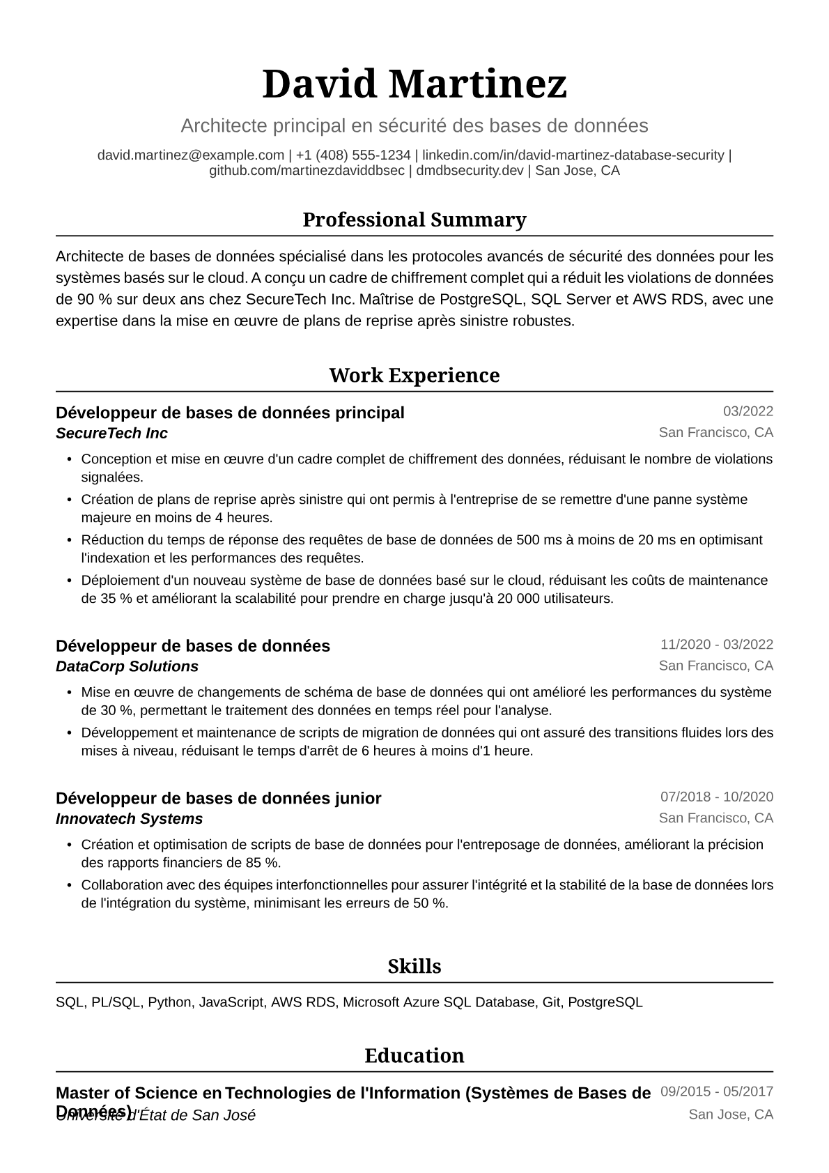 Exemple de CV de Développeur de Bases de Données