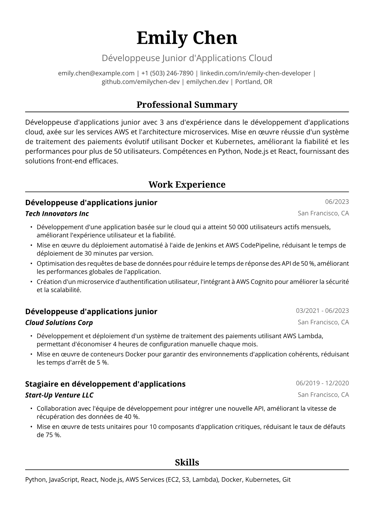 Exemple de CV pour Développeuse d'Applications Junior