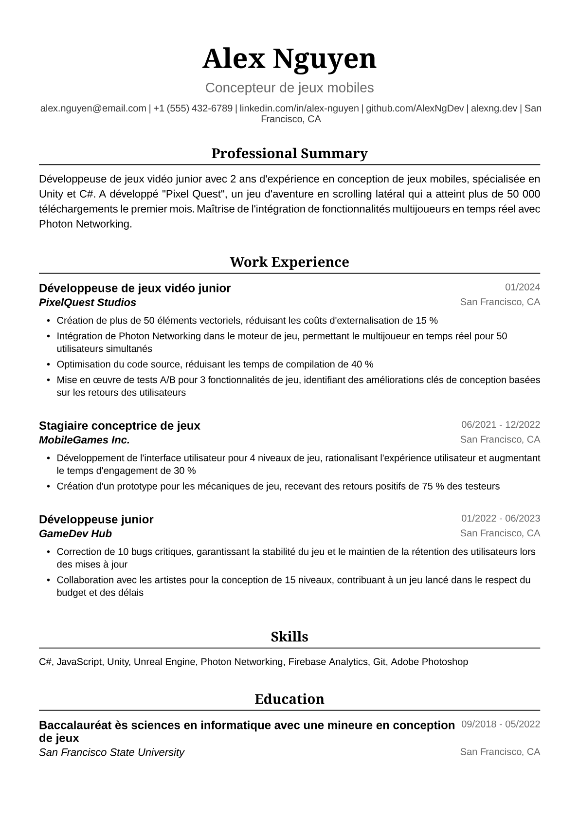 Exemple de CV Développeuse de Jeux Vidéo Junior