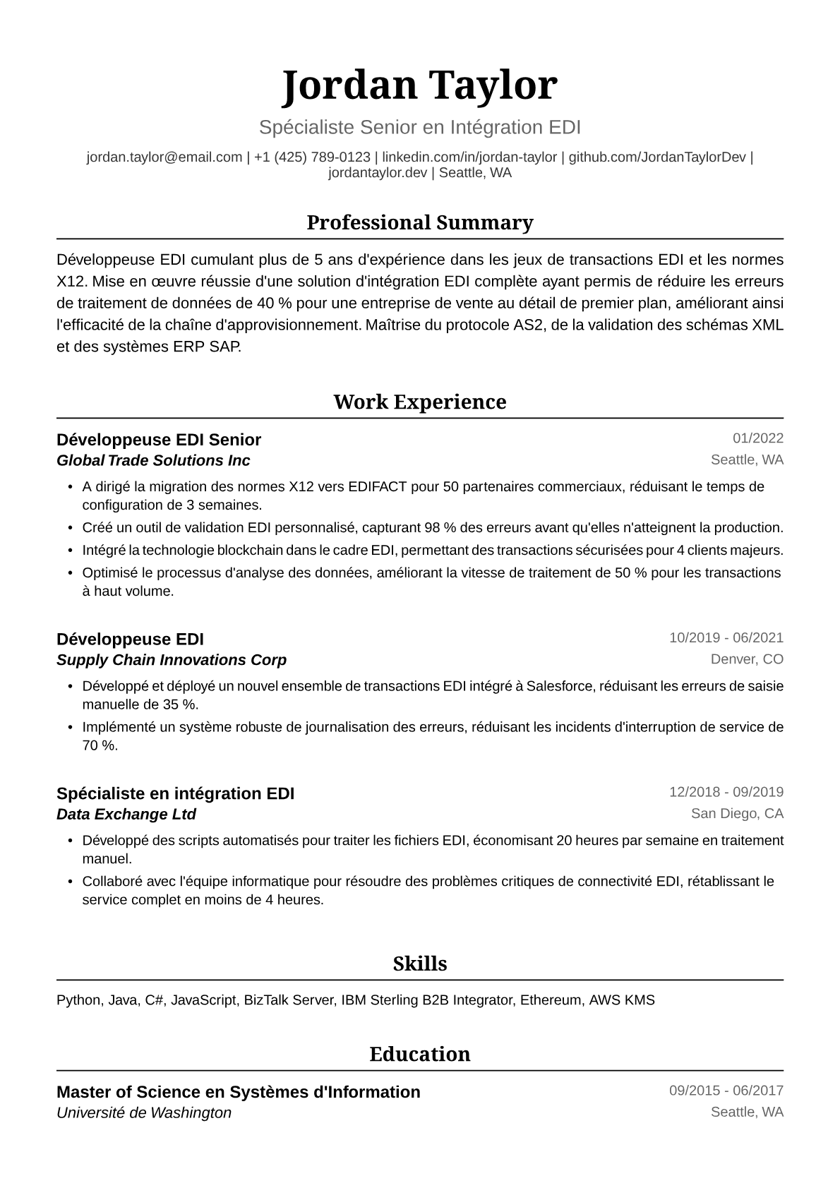 Exemple de CV de Développeuse EDI
