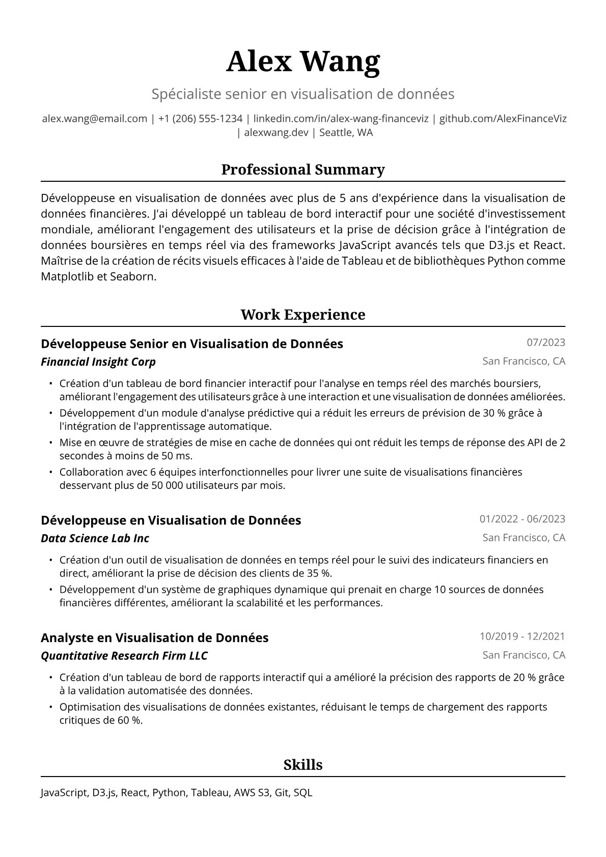 Exemple de CV Développeuse en Visualisation de Données