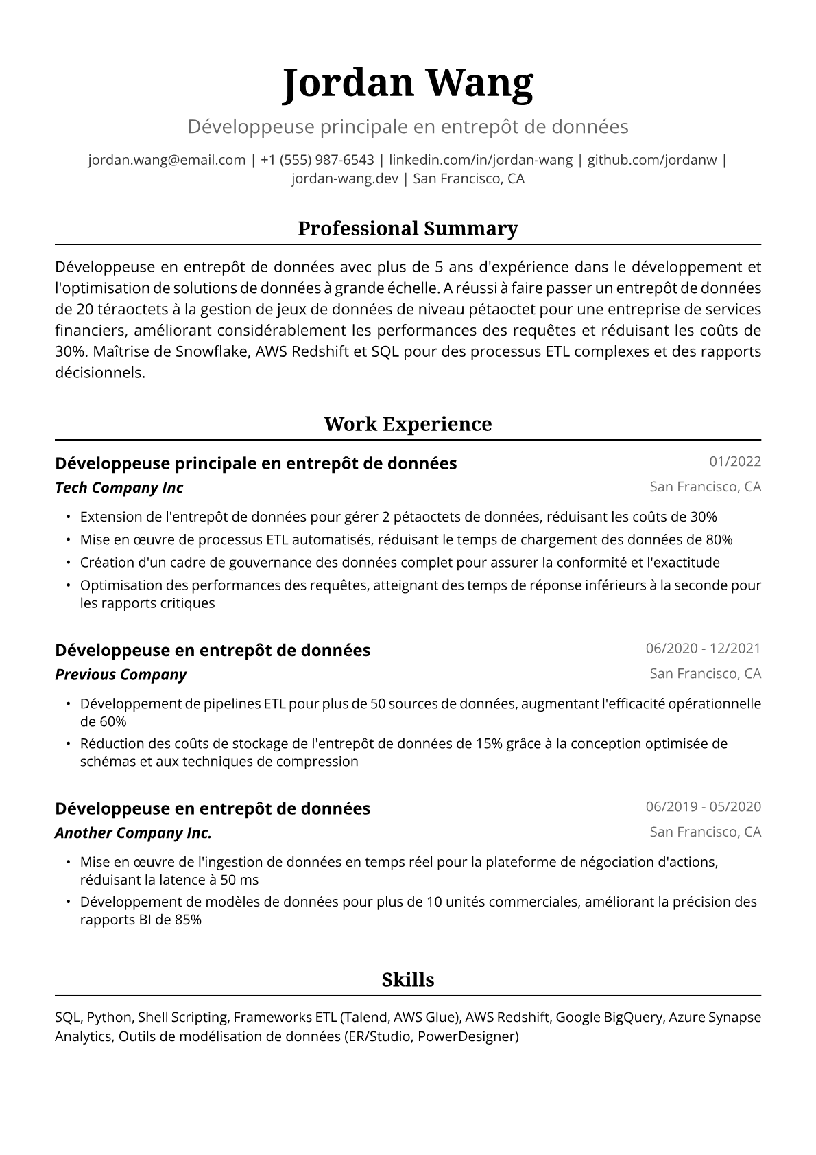 Exemple de CV de Développeuse en Entrepôt de Données