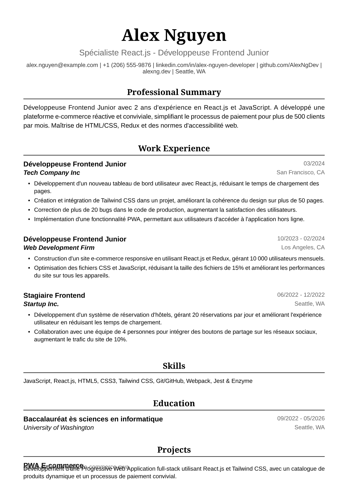 Exemple de CV Développeuse Frontend Junior