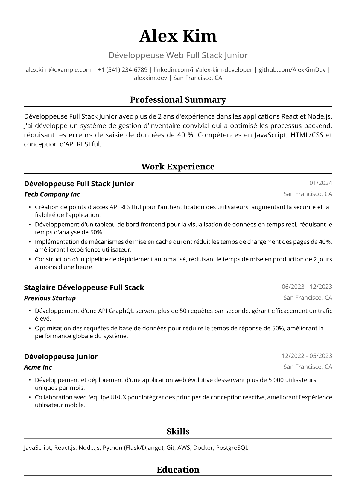 Exemple de CV Développeuse Full Stack Junior