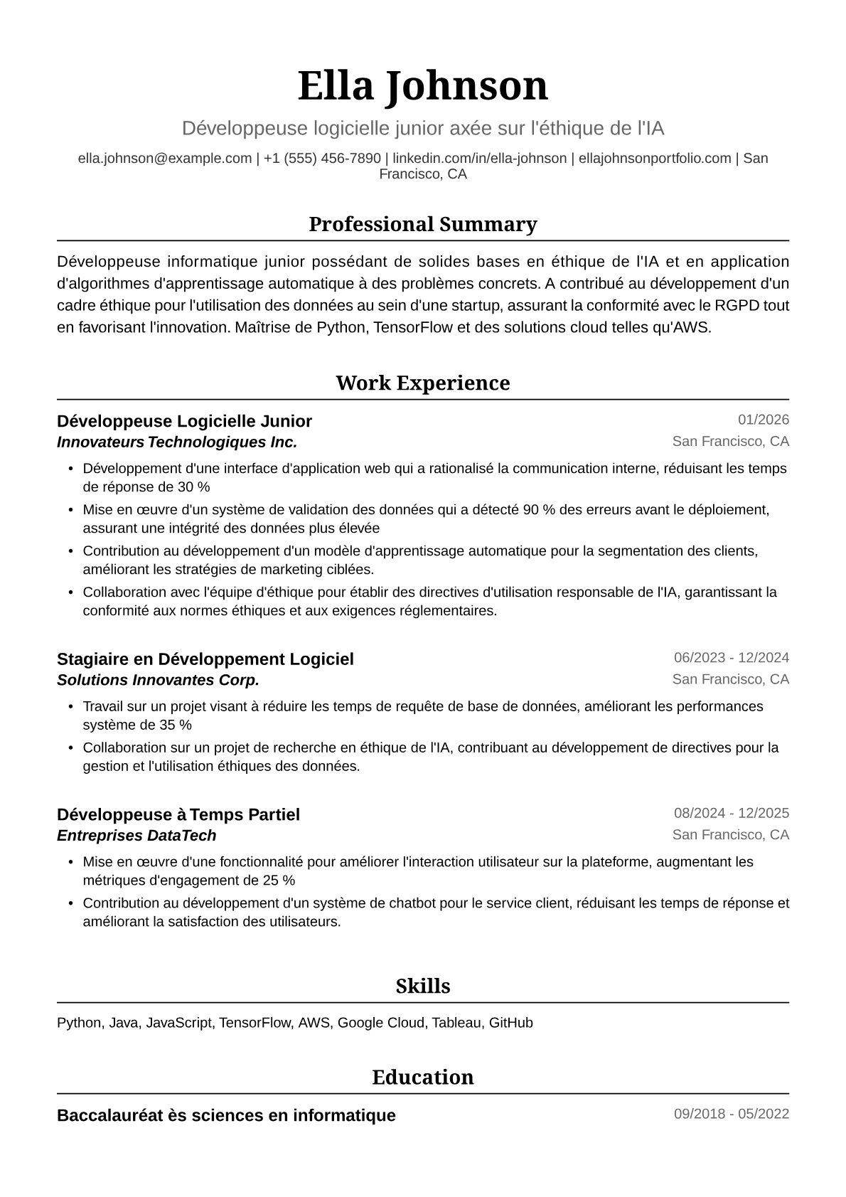 Exemple de CV Développeuse Informatique Junior