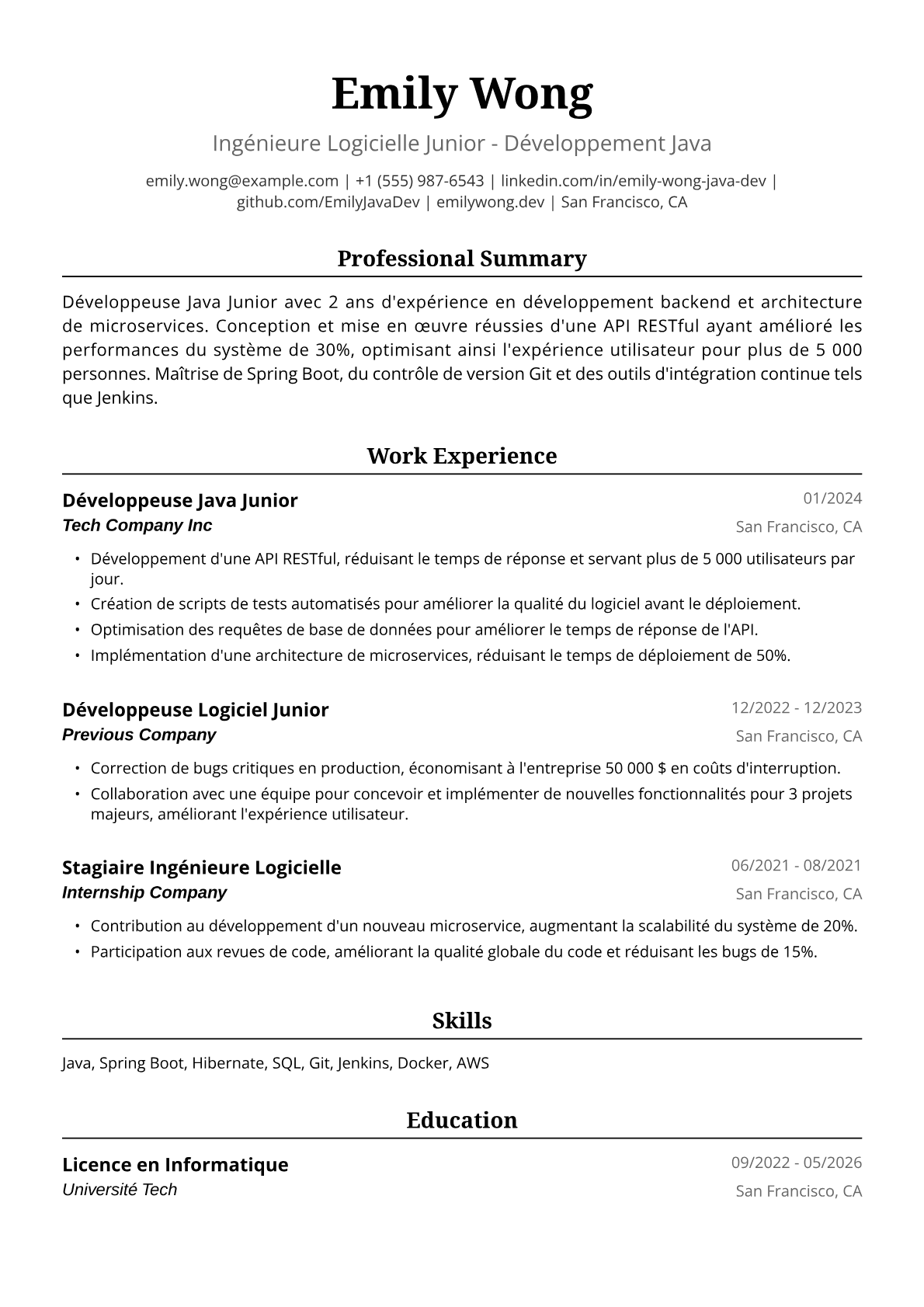 Exemple de CV Développeuse Java Junior