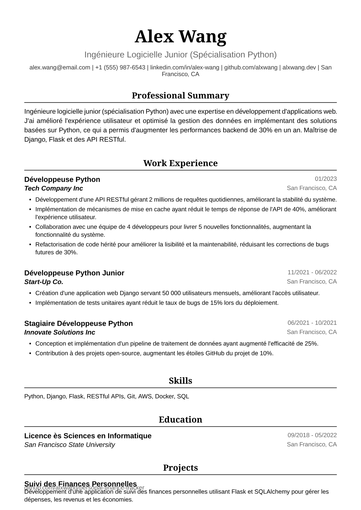 Exemple de CV de Développeuse Python Junior