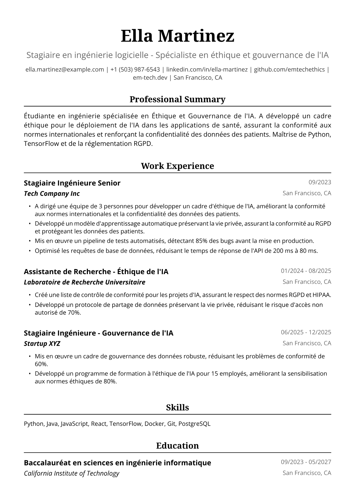 Exemple de CV d'Étudiante en Ingénierie