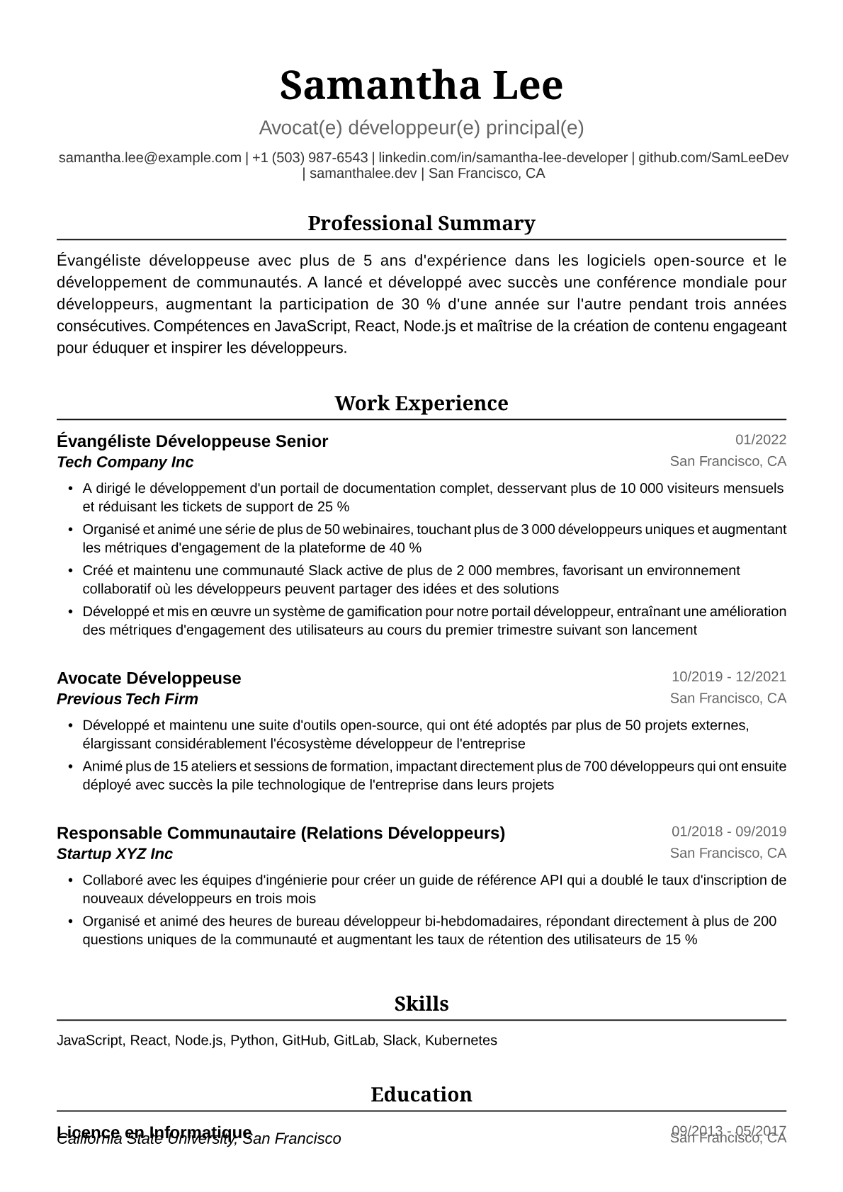 Exemple de CV Évangéliste Développeuse