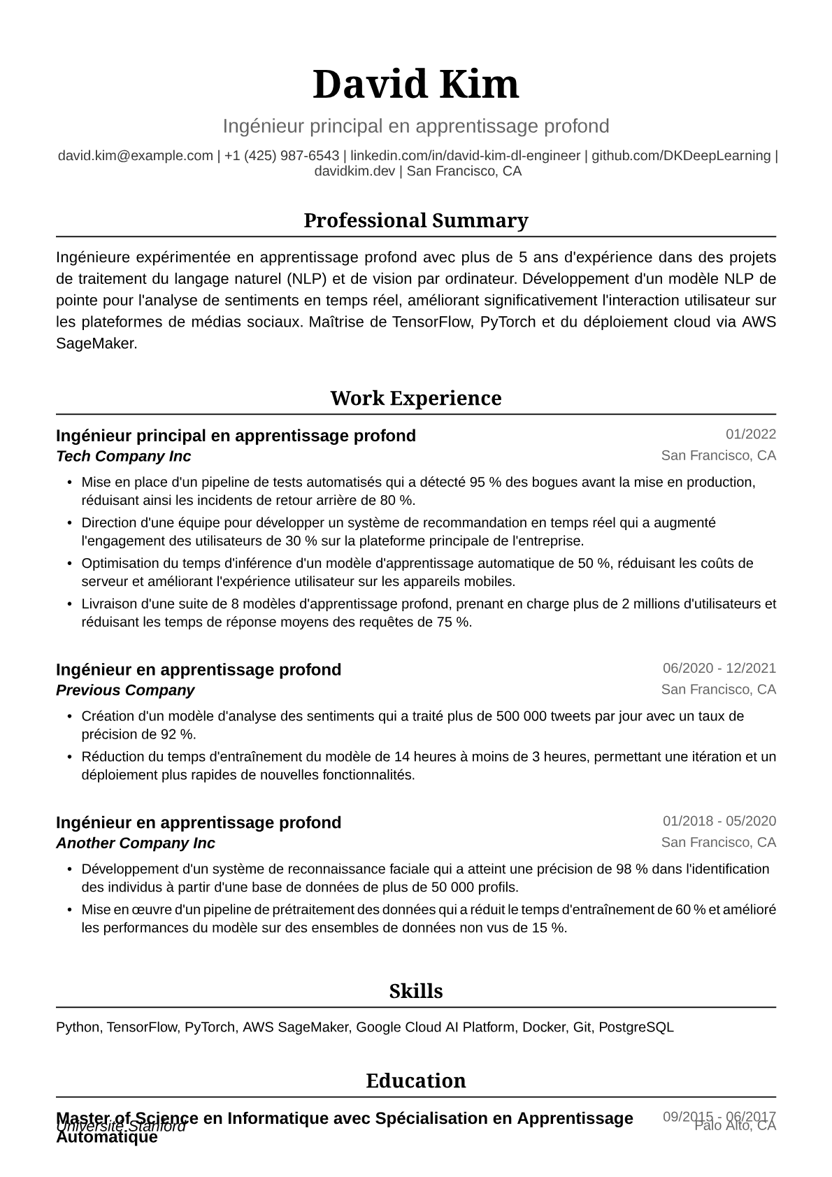 Exemple de CV d'Ingénieure en Apprentissage Profond