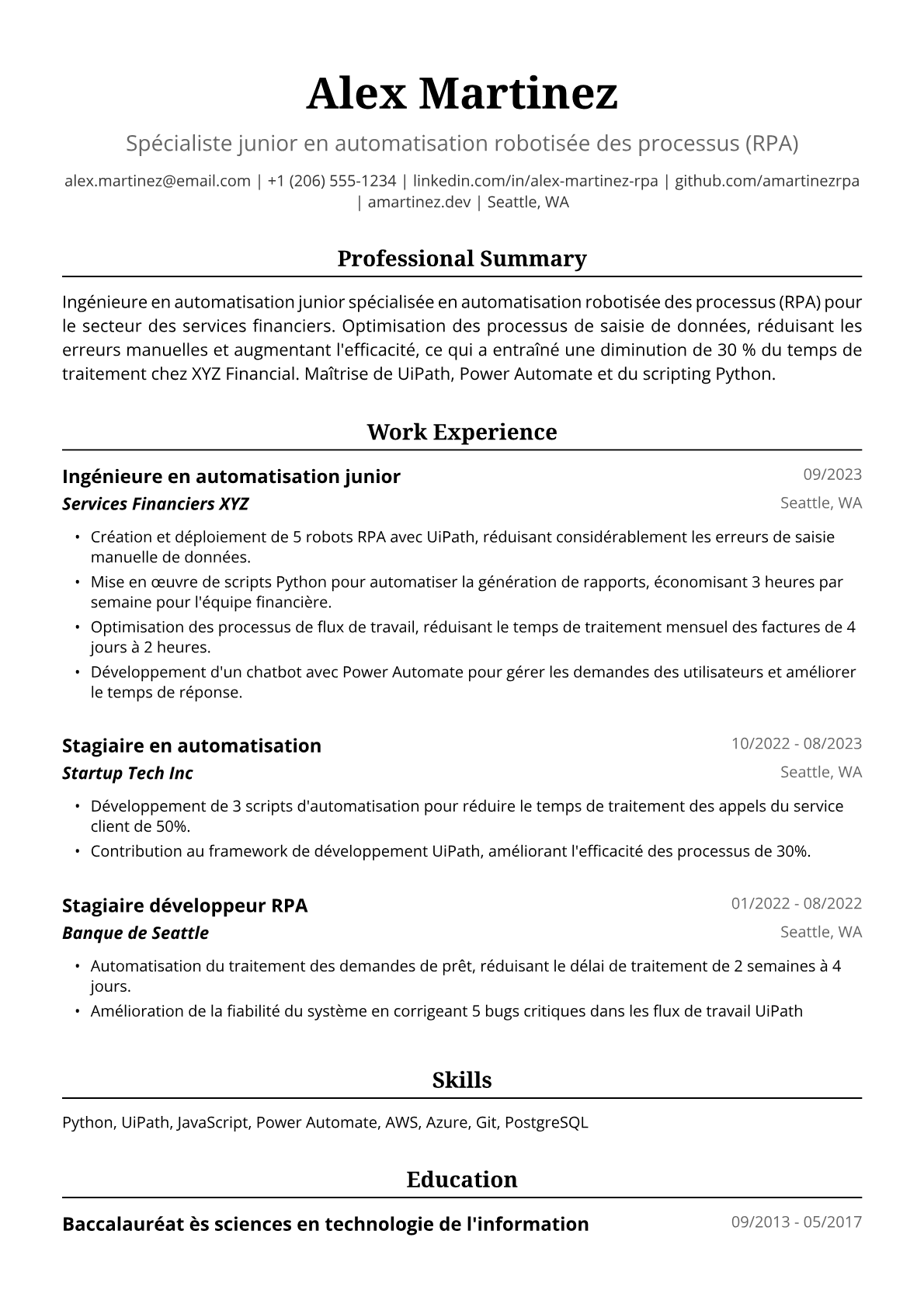 Exemple de CV Ingénieur Automatisation Junior