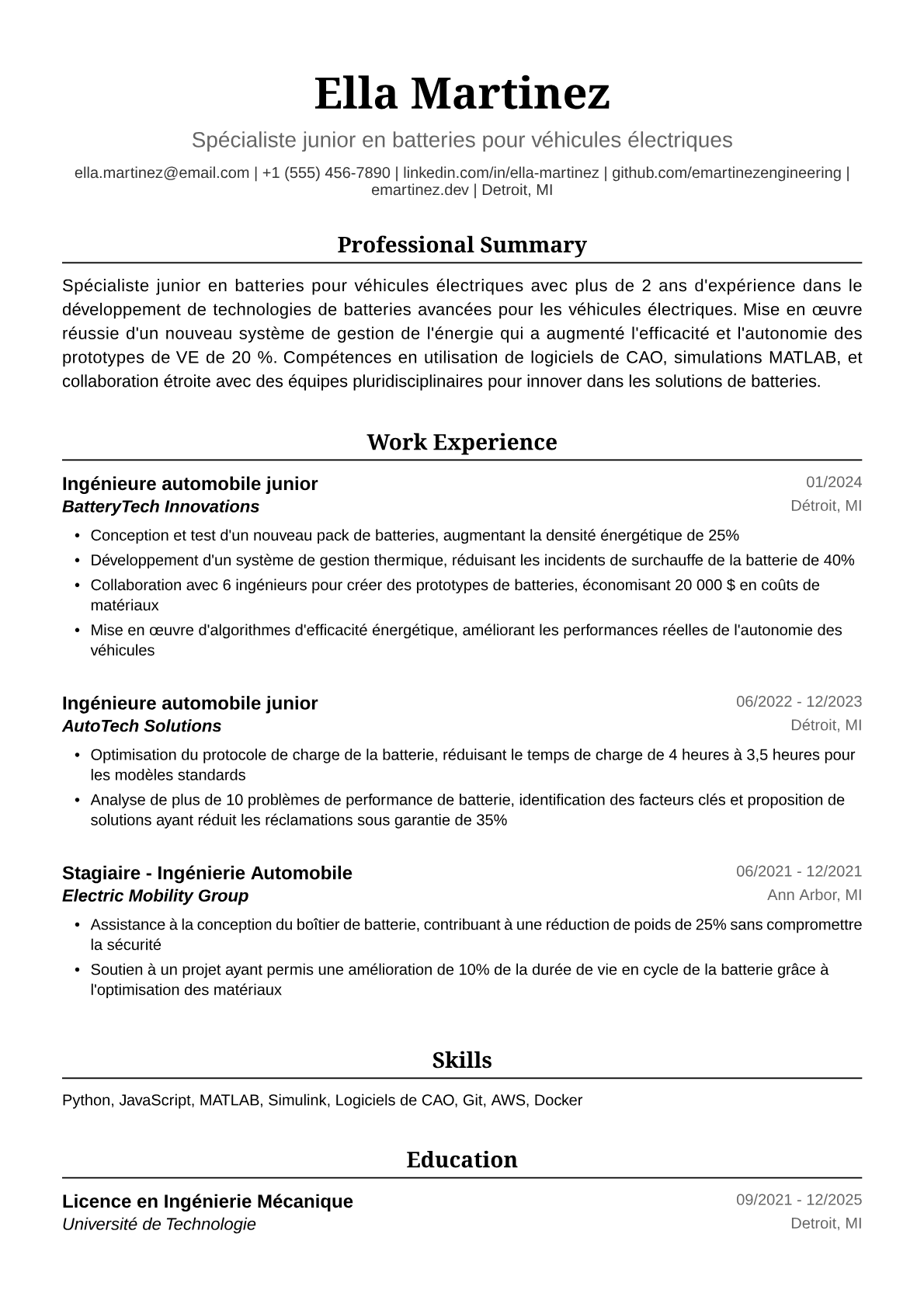 Exemple de CV d'Ingénieure Automobile Junior