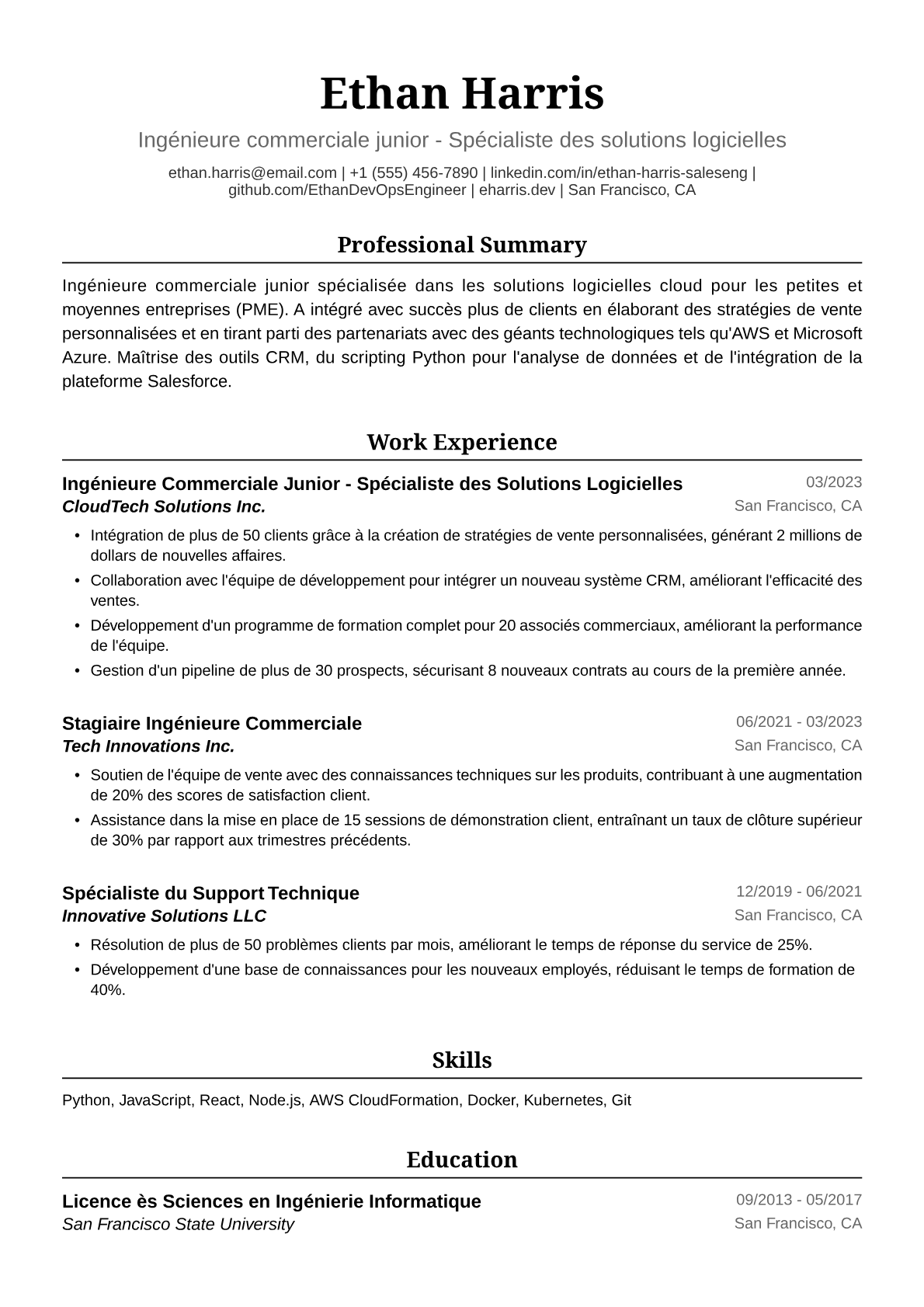 Exemple de CV d'Ingénieure Commerciale Junior