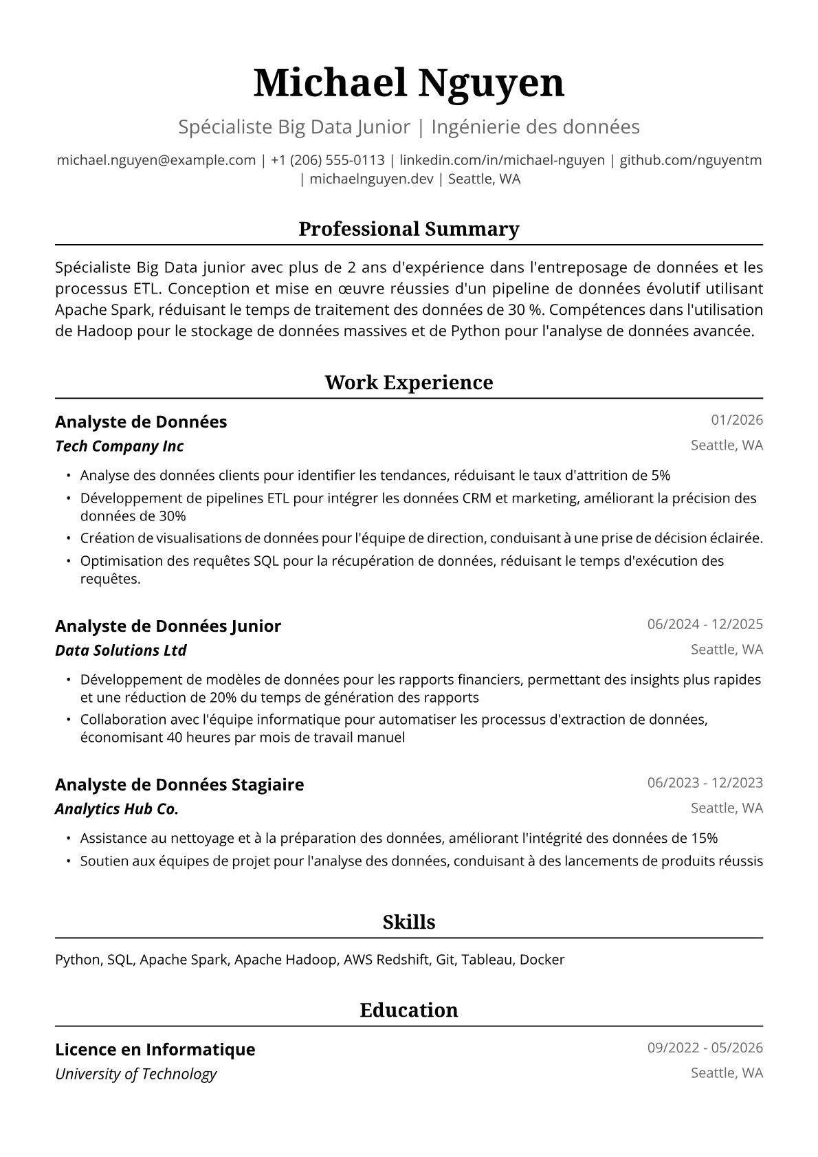 Exemple de CV pour Ingénieur Data Junior