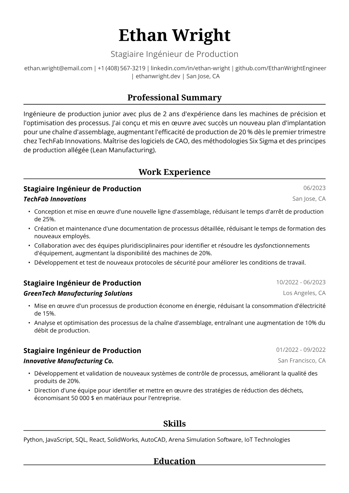 Exemple de CV pour Ingénieure de Production Junior