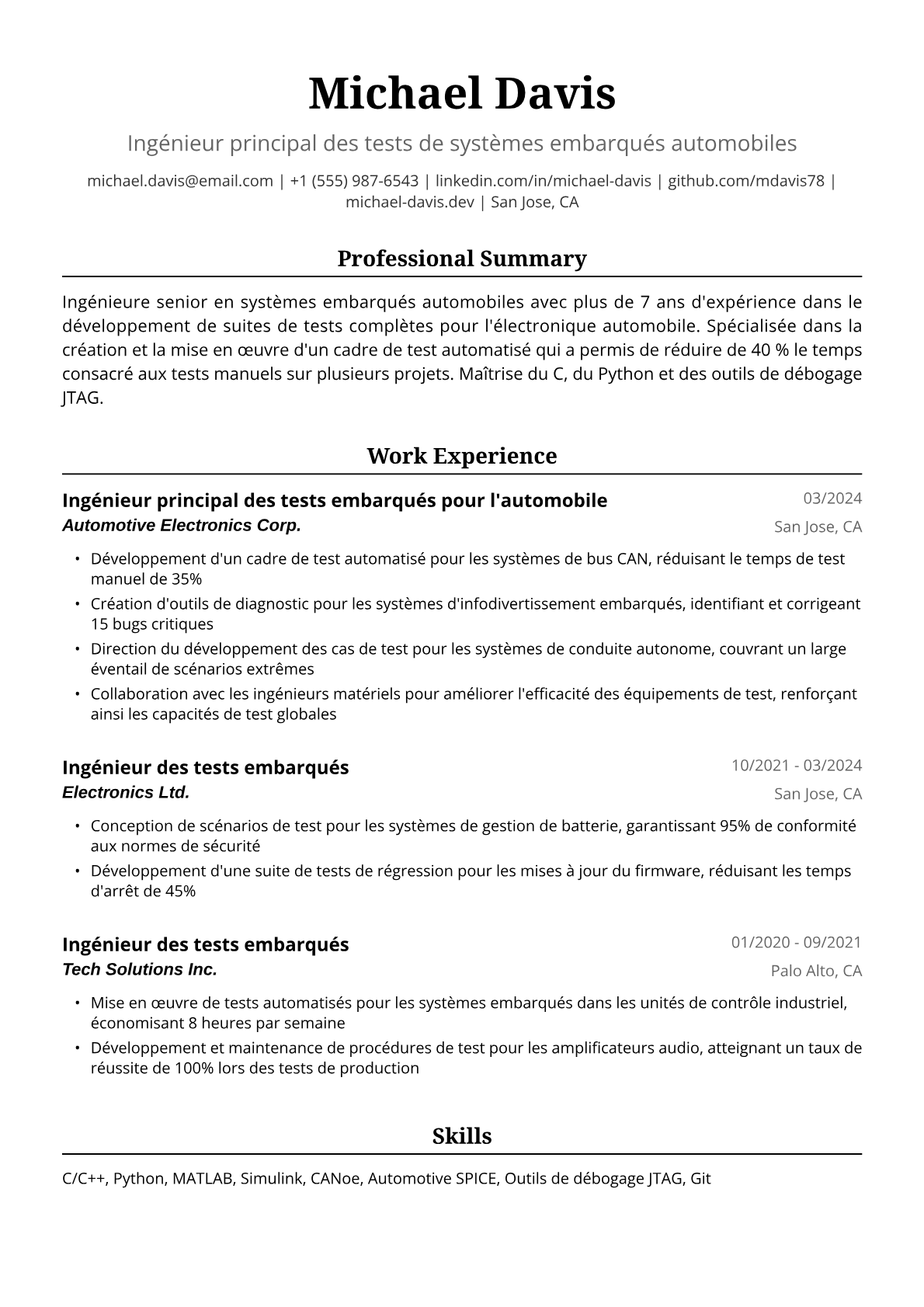 Exemple de CV Ingénieure de Tests Embarqués