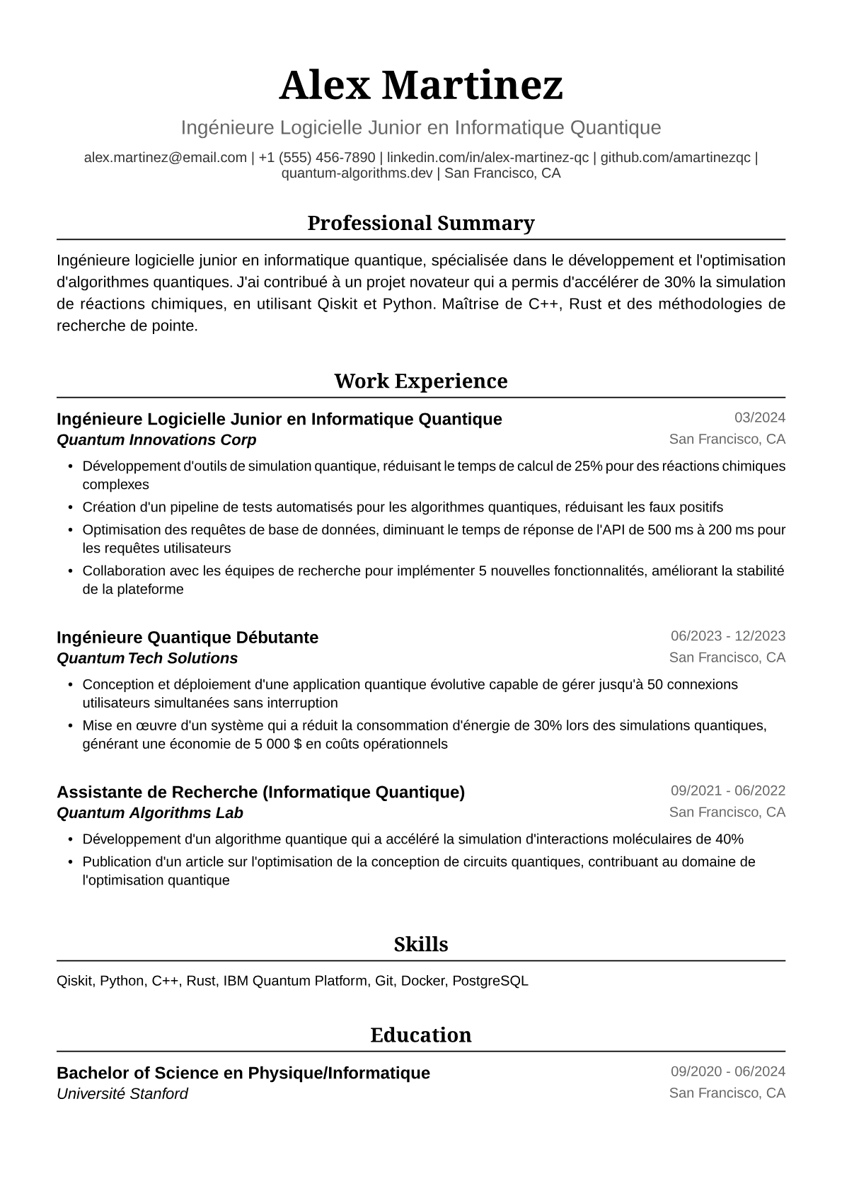 Exemple de CV d'Ingénieure Débutante
