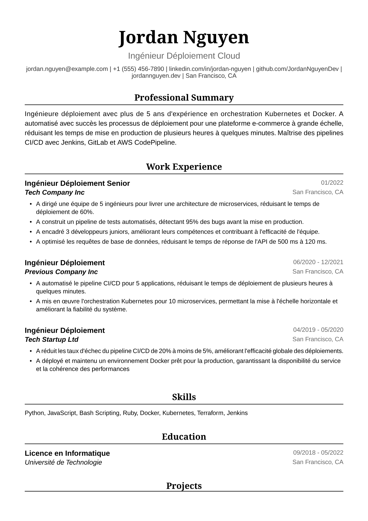 Exemple de CV d'Ingénieure Déploiement