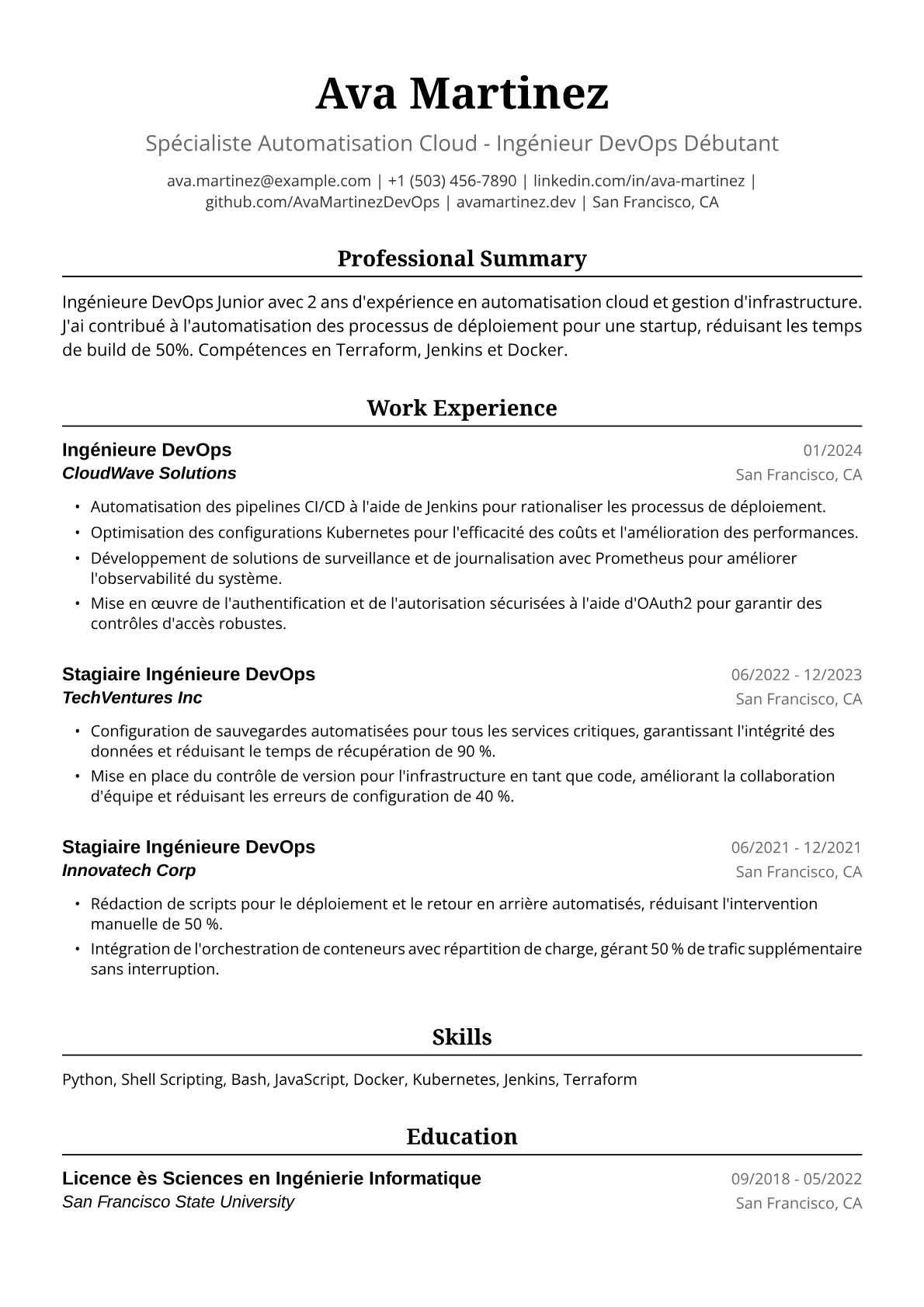 Exemple de CV Ingénieure DevOps Junior