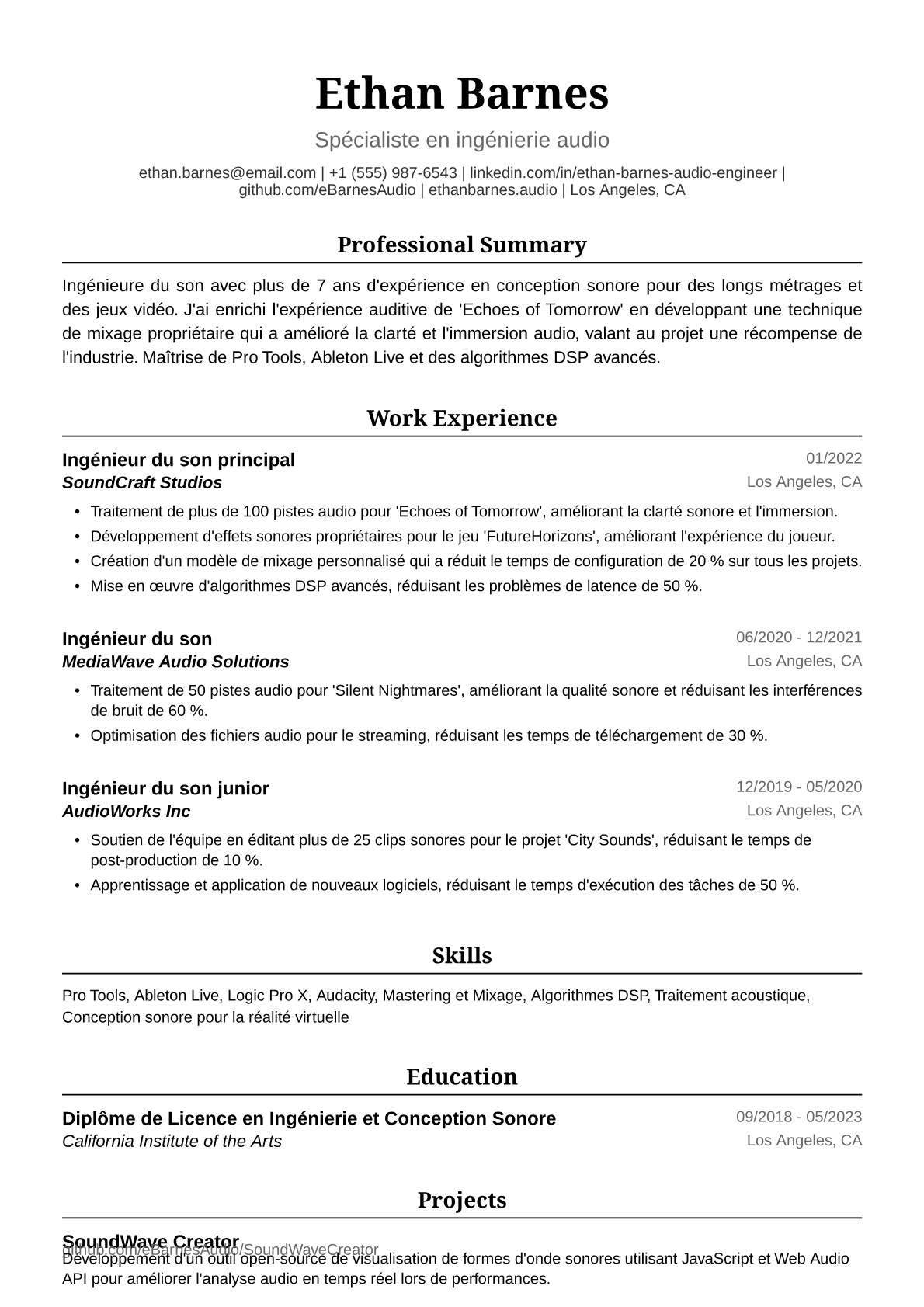 Exemple de CV d'Ingénieure du son