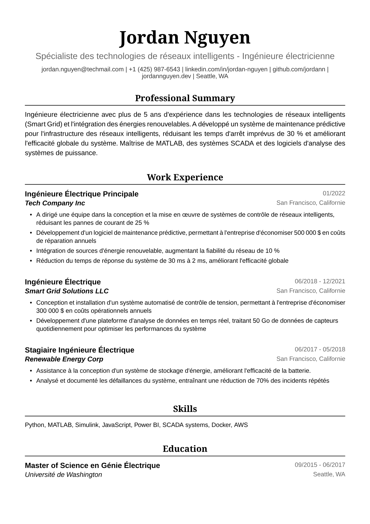 Exemple de CV d'Ingénieure Électricienne
