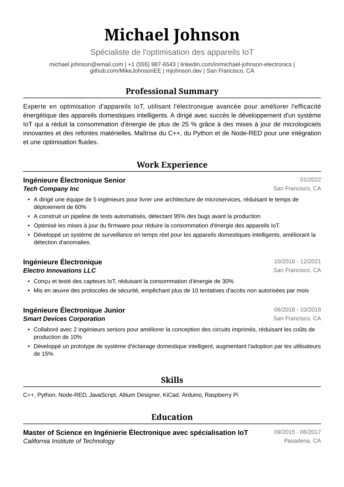 Exemple de CV d'Ingénieure en Électronique