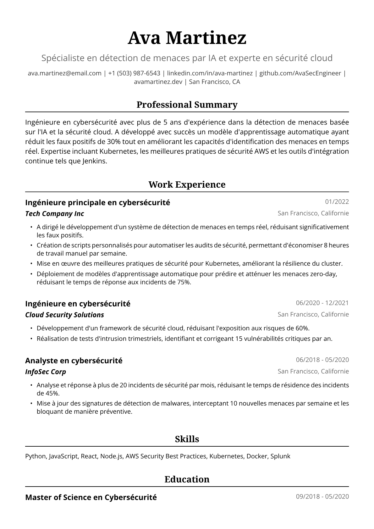 Exemple de CV d'Ingénieure en Cybersécurité