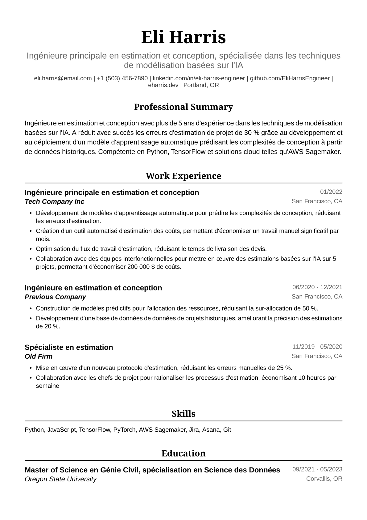 Exemple de CV d'Ingénieure Estimation Conception