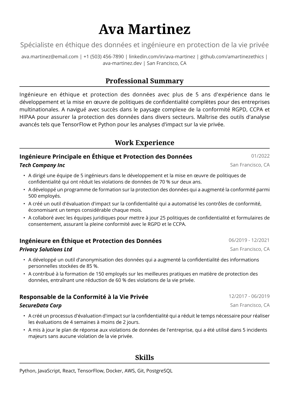 Exemple de CV d'Ingénieure en Éthique et Protection des Données