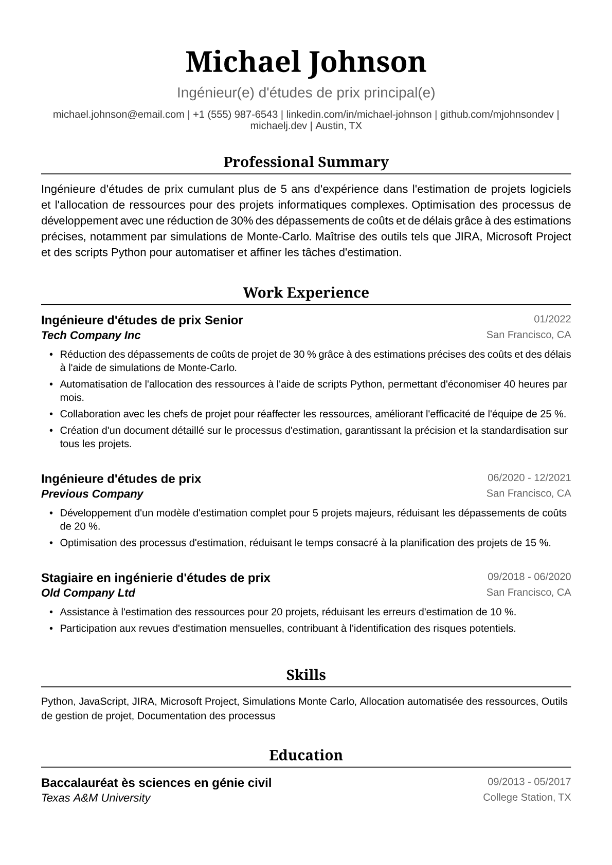 Exemple de CV Ingénieure d'études de prix