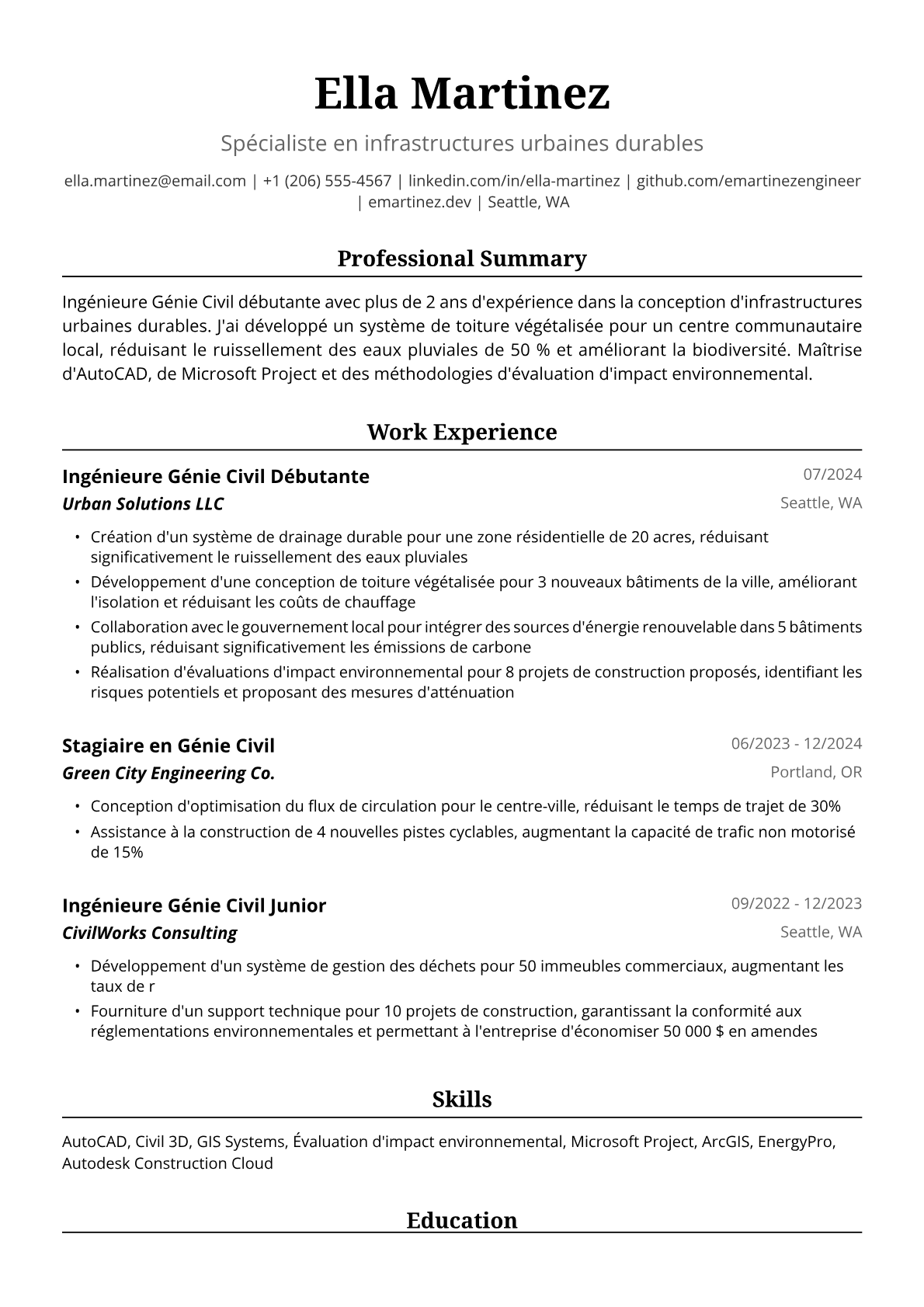 Exemple de CV pour Ingénieure Génie Civil Débutante