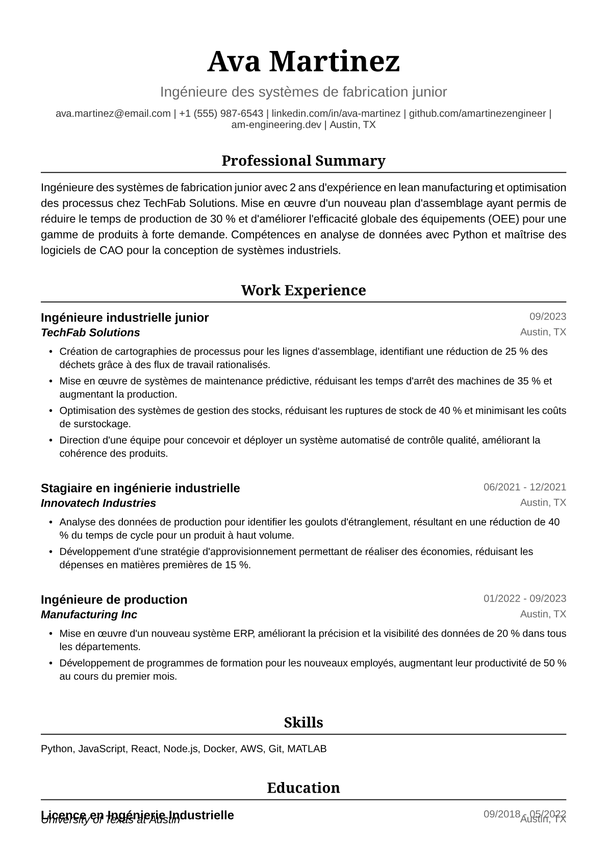 Exemple de CV pour Ingénieure Industrielle Junior