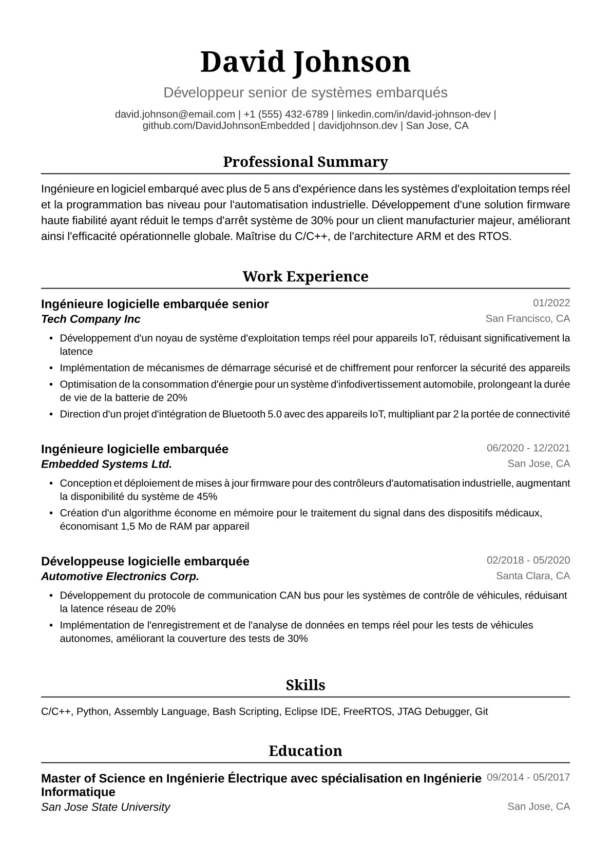 Exemple de CV d'Ingénieure en Logiciel Embarqué