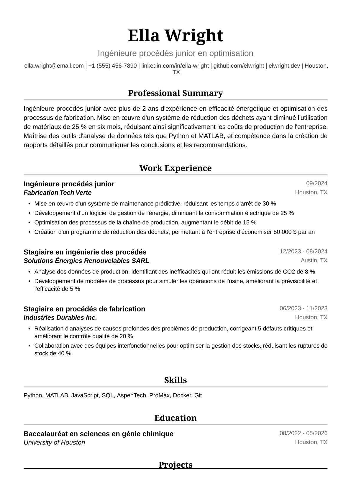 Exemple de CV d'Ingénieure procédés junior