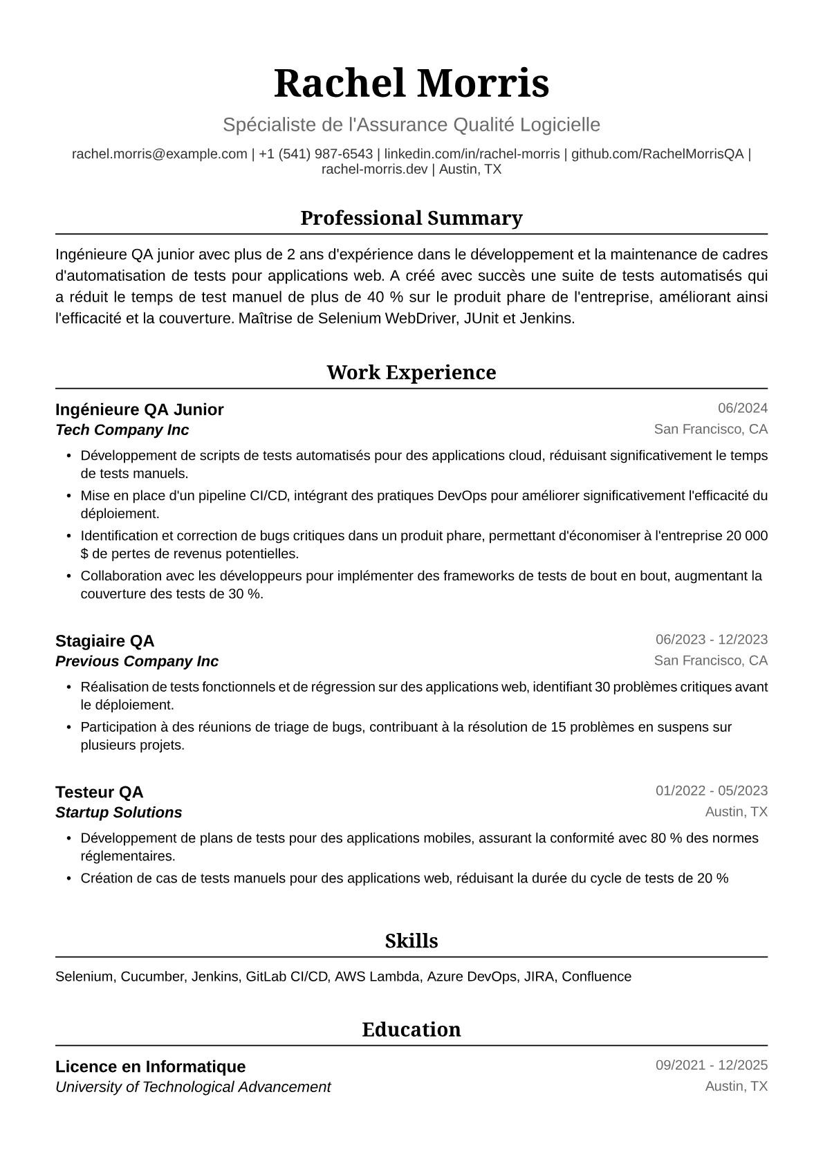 Exemple de CV Ingénieure QA Junior