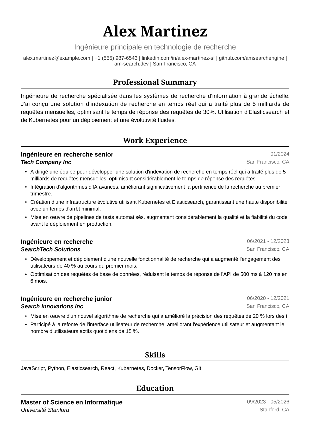 Exemple de CV d'Ingénieure Recherche