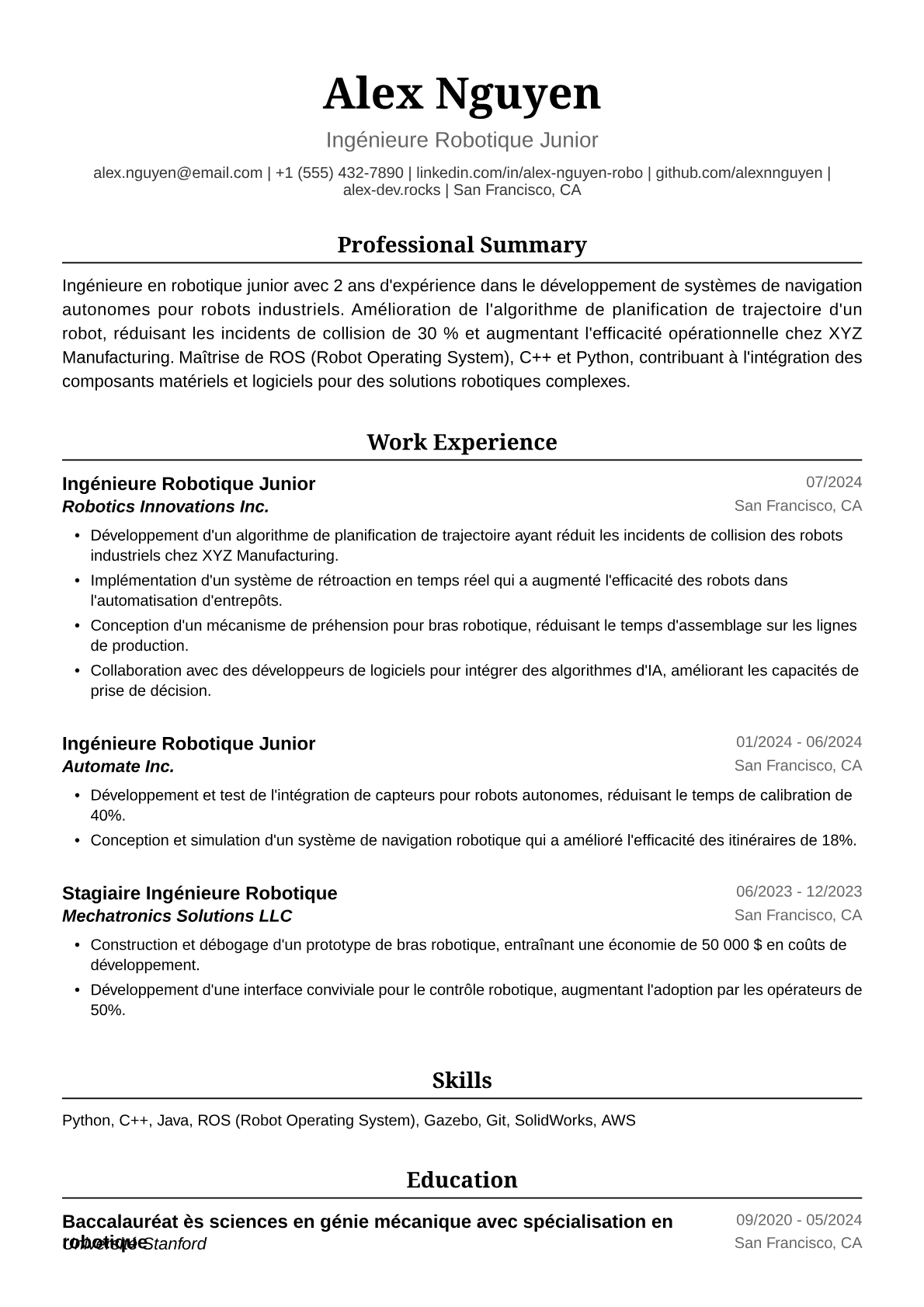 Exemple de CV Ingénieure Robotique Junior