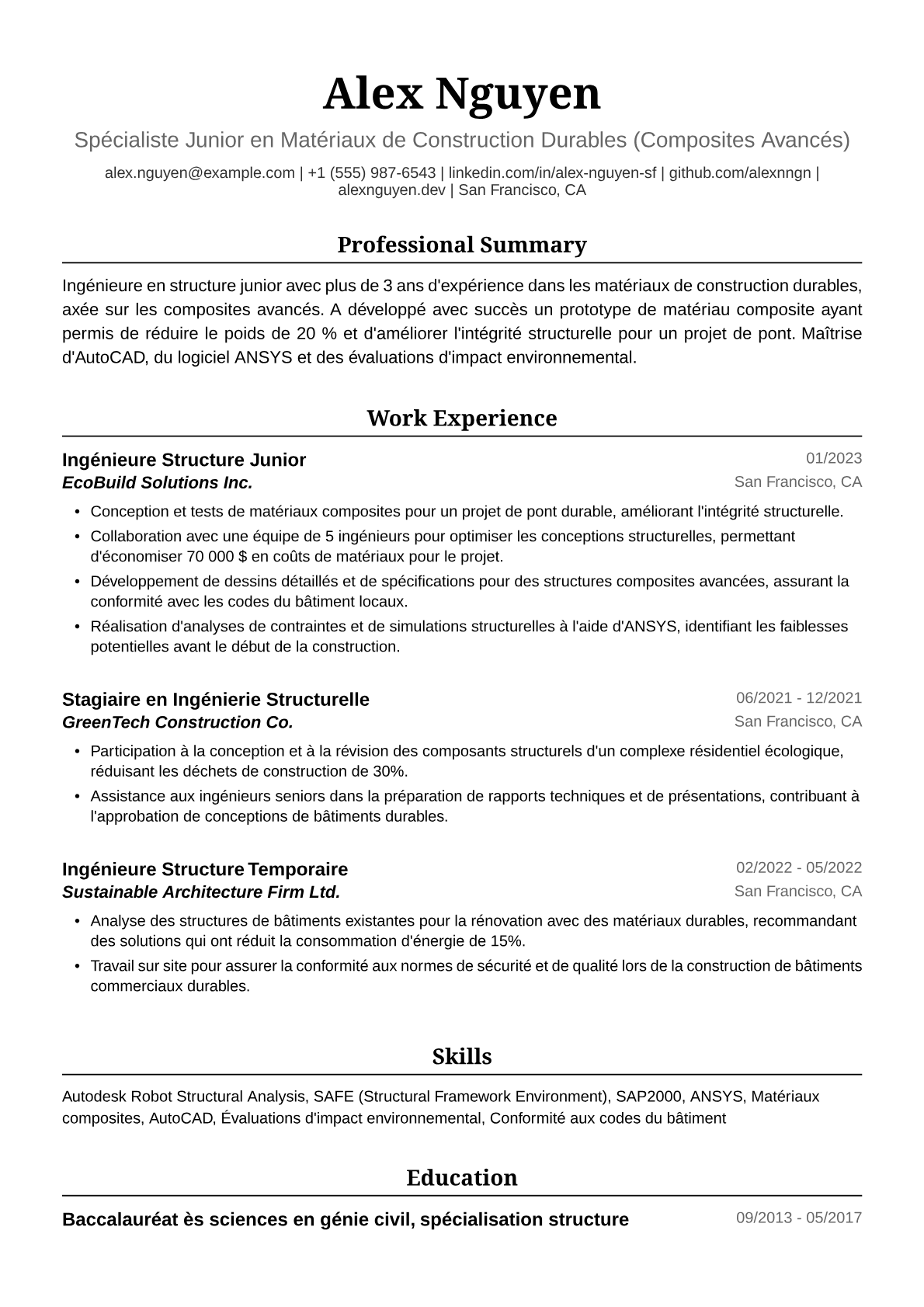 Exemple de CV d'Ingénieure Structure Junior