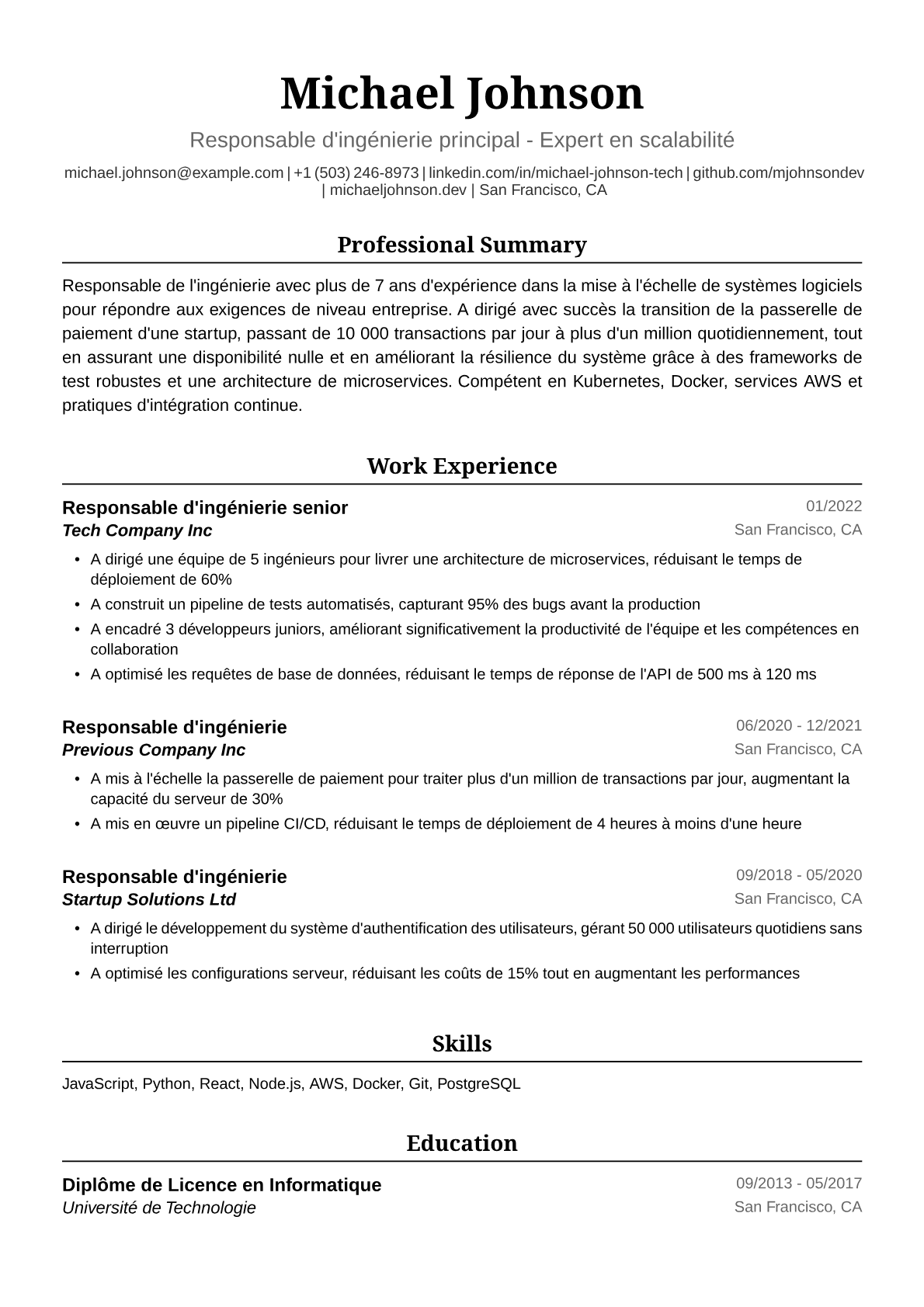 Exemple de CV de Responsable de l'Ingénierie