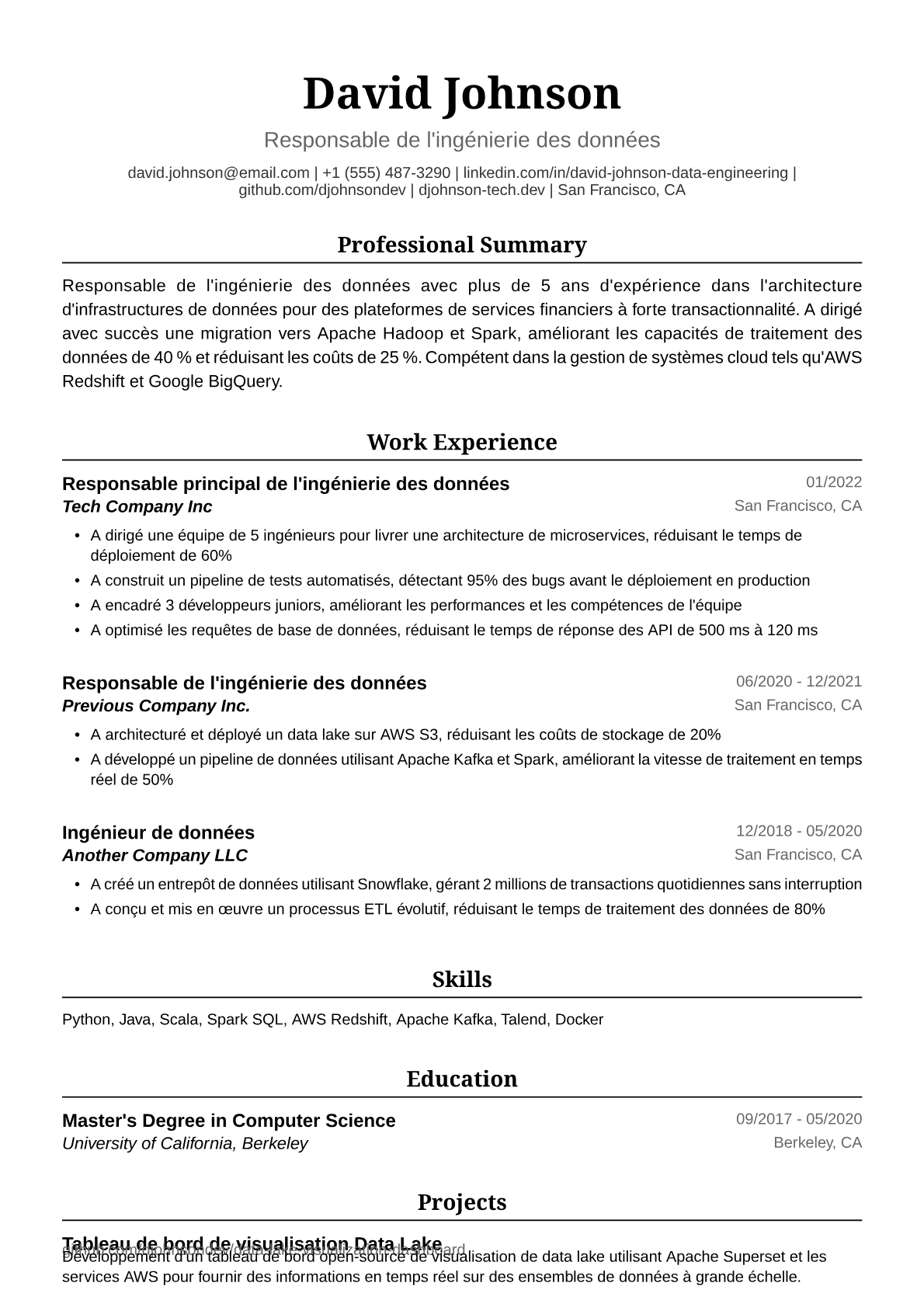 Exemple de CV Responsable de l'ingénierie des données