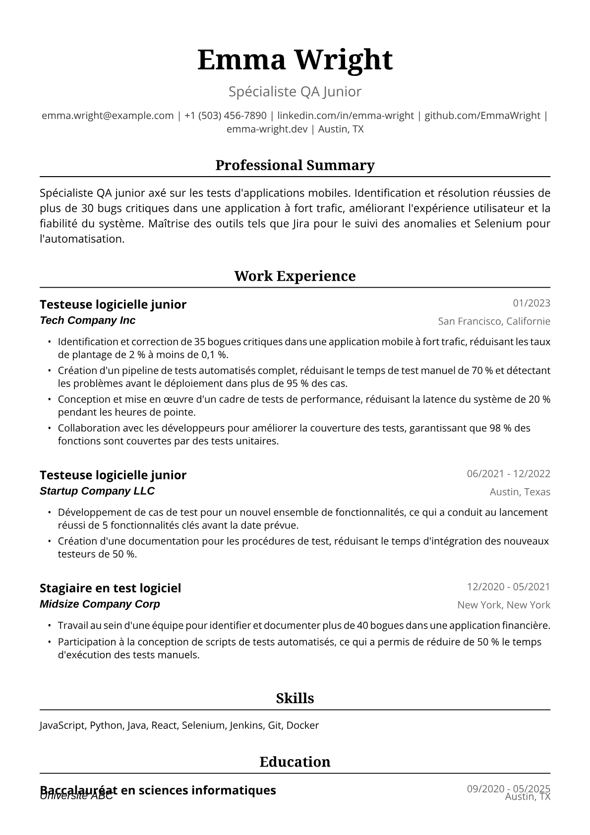 Exemple de CV pour Testeur Logiciel Débutant