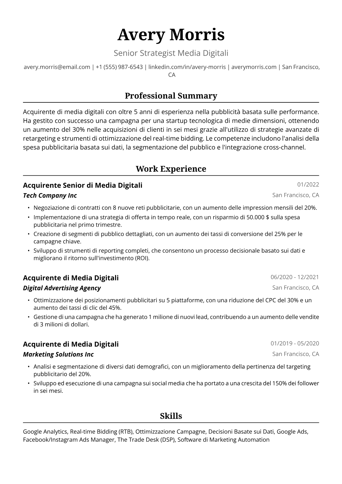Esempio di Curriculum per Acquisitore di Media Digitali