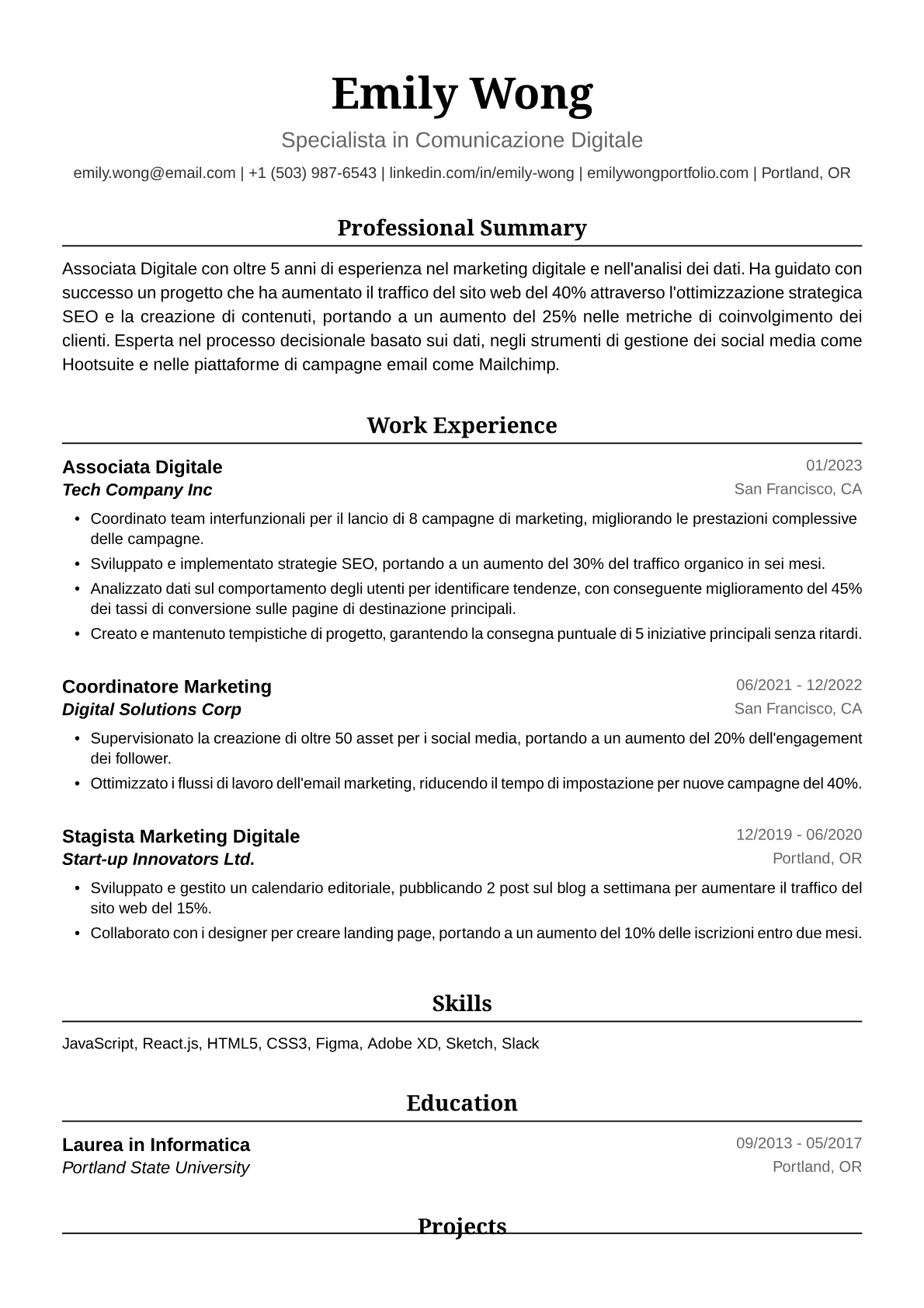 Esempio di Curriculum Vitae per Associata Digitale