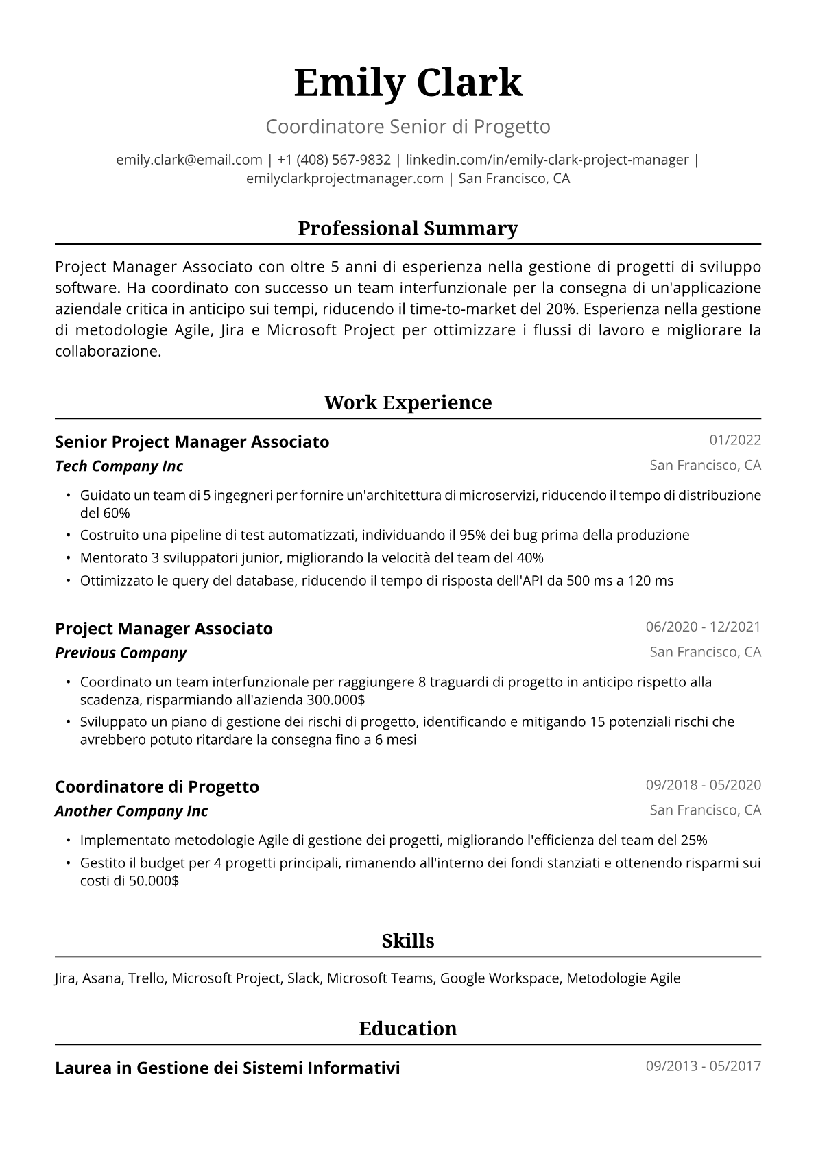 Esempio Curriculum Vitae Project Manager Associata